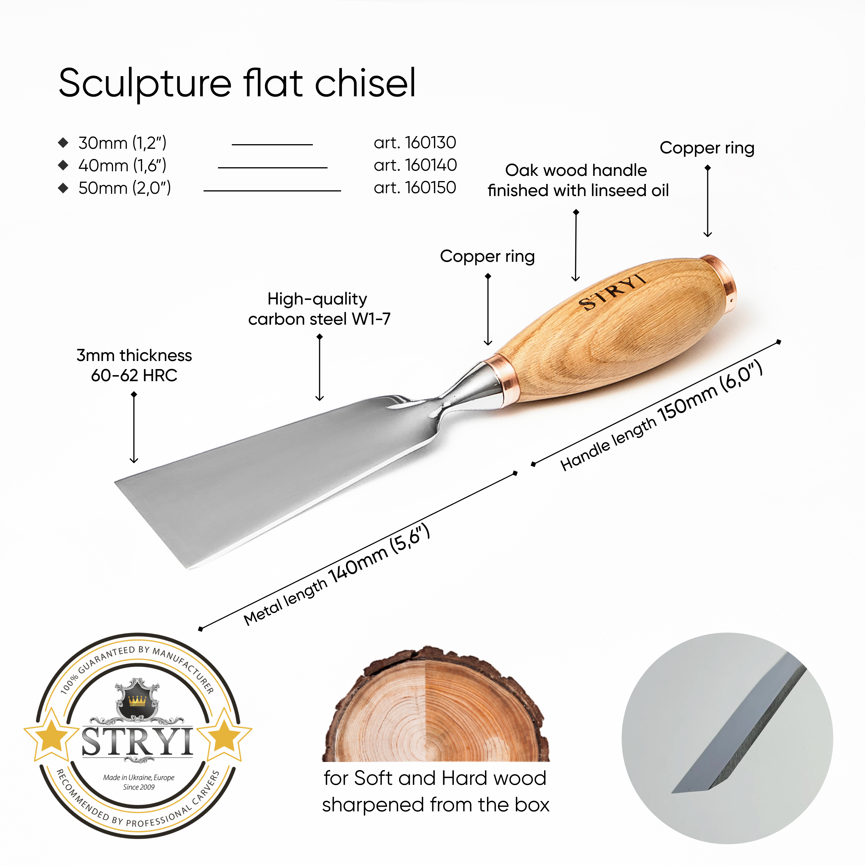 Large sculpture chisel, 1 profile, Flat Heavy-duty gouge STRYI Profi, Flat gouges, Making furniture, sculpting tools