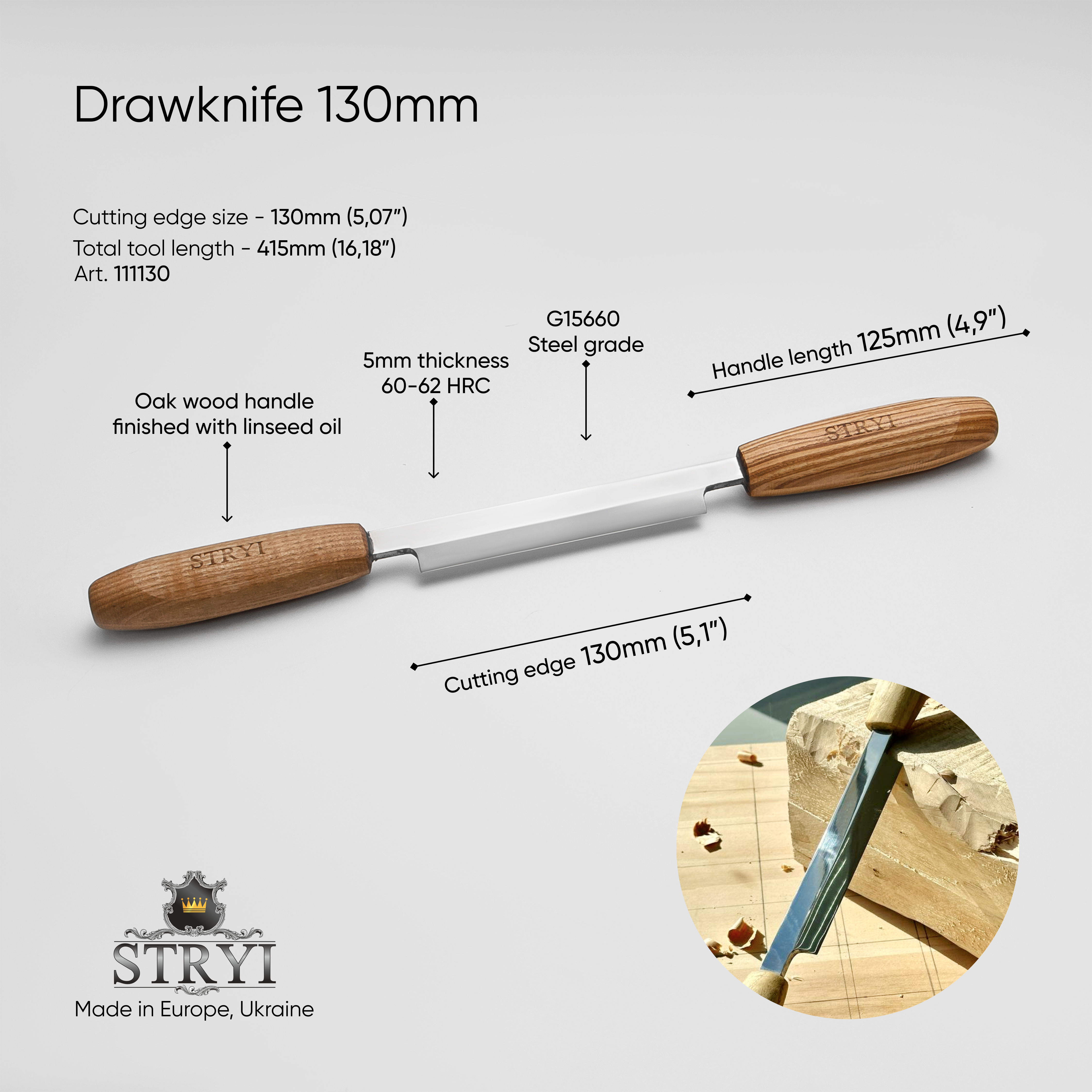 Drawknife STRYI Profi 130mm, Woodworking straight Pushknife for cutting wood, Straight drawknife