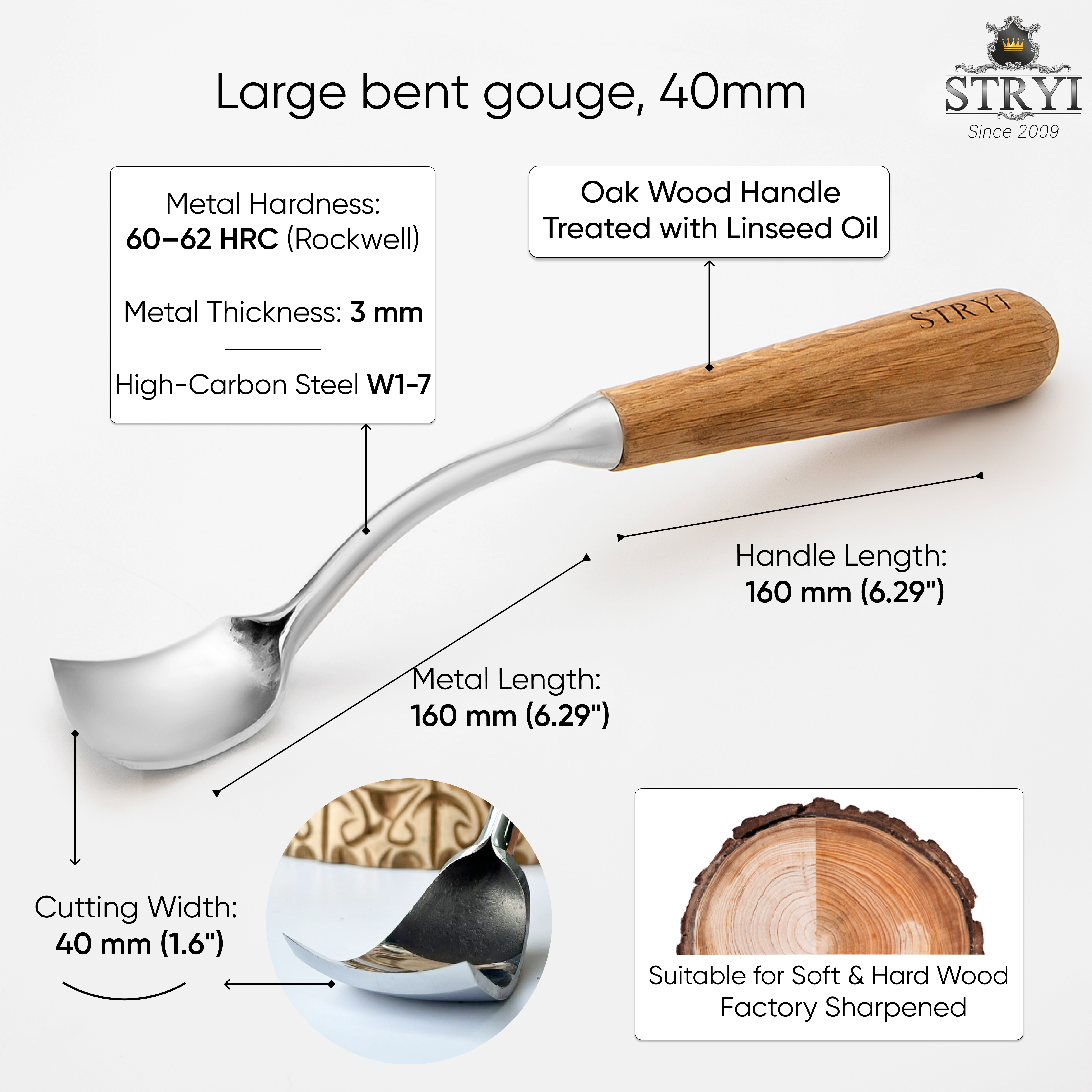 Large bent chisel for kuksa spoon cutting, STRYI Profi, Chisel for bowl, spoon, kuksa, cup, Tool for deep carving, Forged steel tool, STRYI bent gouge