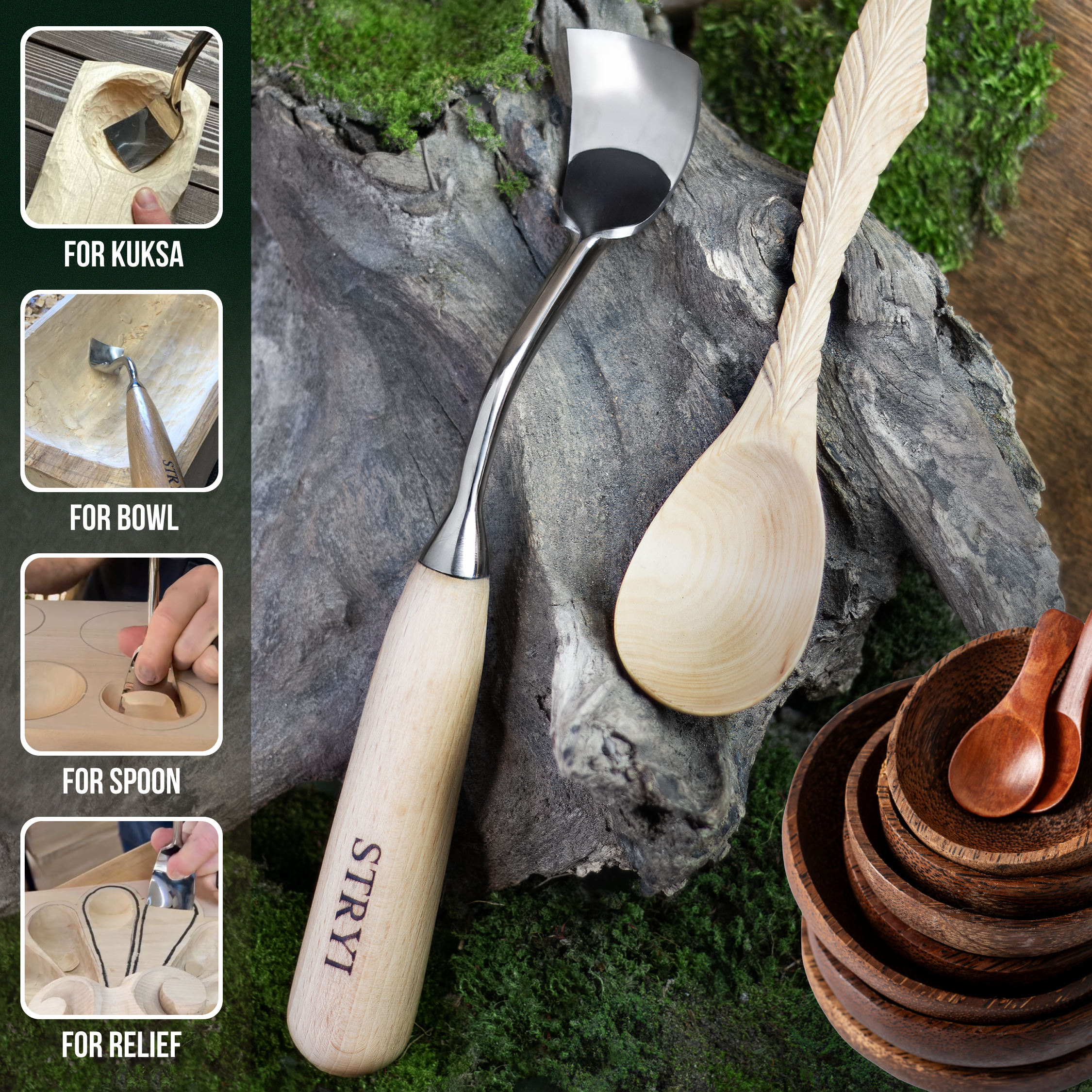 Schalenschnitzwerkzeug-Set mit 3 großen gebogenen Hohleisen STRYI Profi, Kuksa Hohleisen
