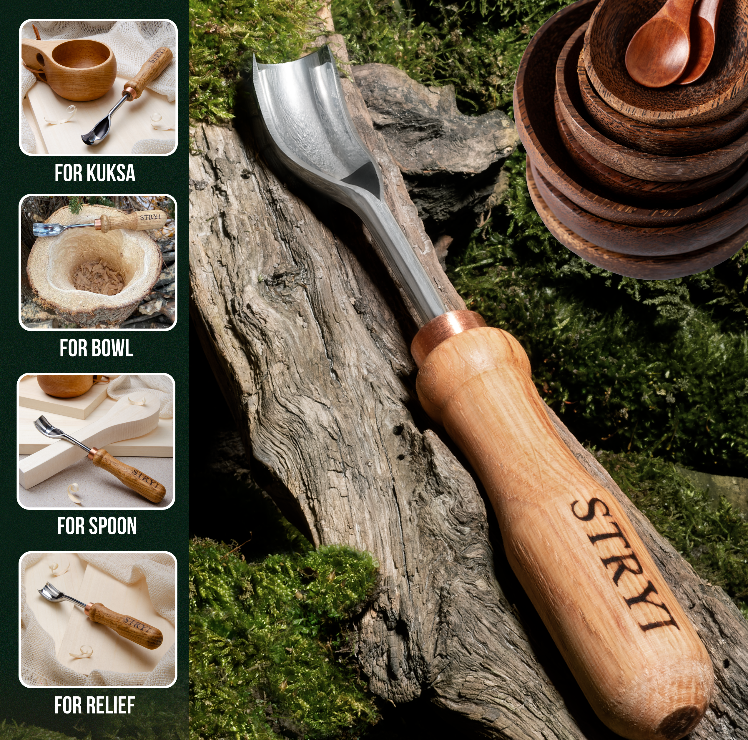 Kuksa, 3-teiliges Schnitzwerkzeug-Set mit Löffel und Tasse, STRYI Profi