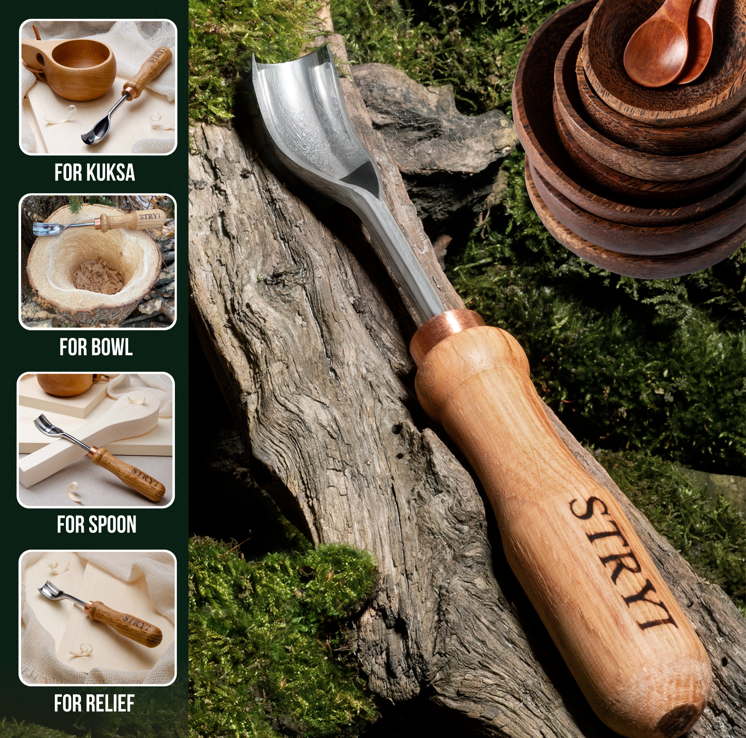 Short bent gouge 20mm, Spoon gouge STRYI Profi, Bowl carving tool