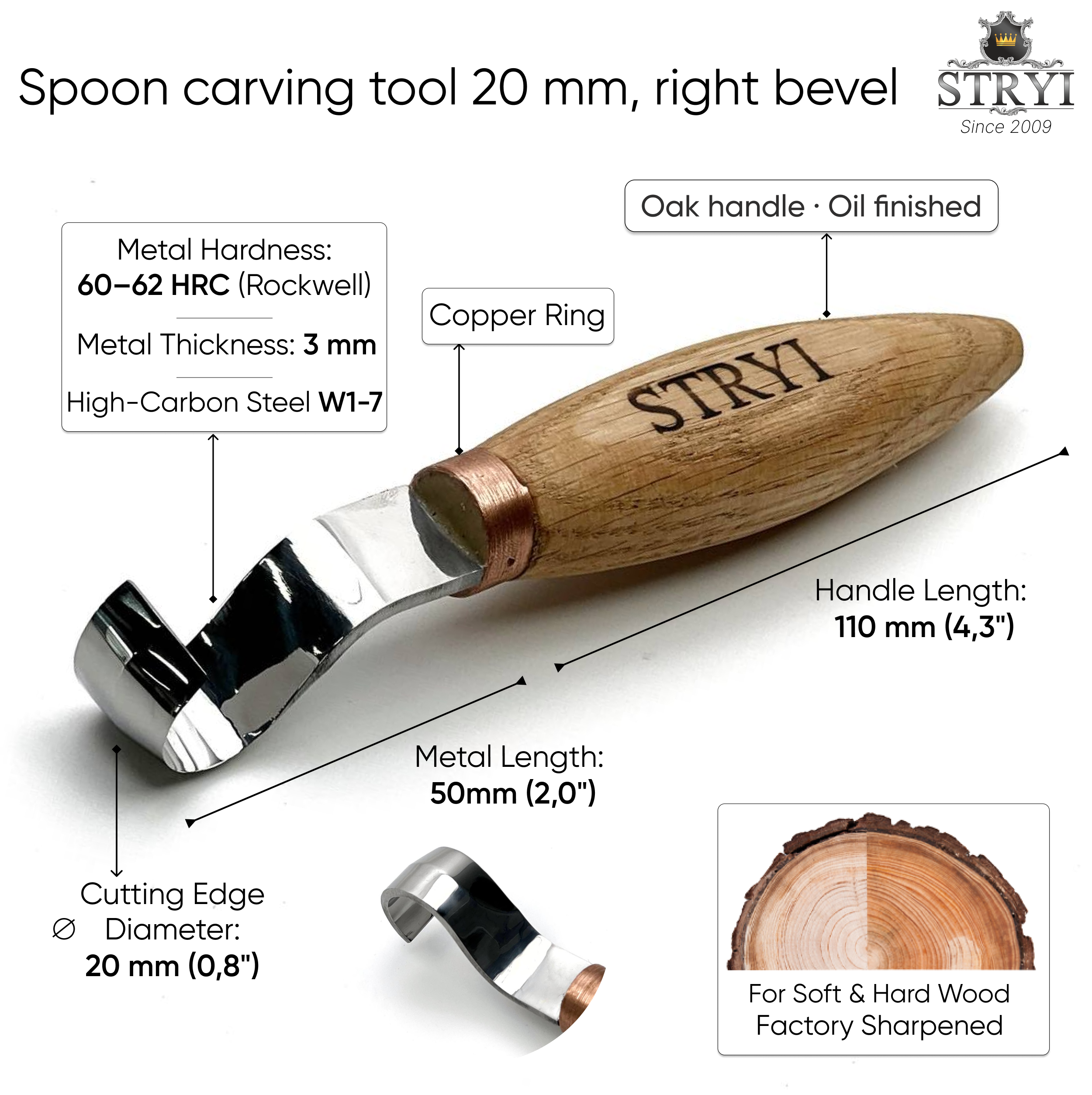 Löffelschale und Kuksa Schnitzhakenmesser 20mm STRYI Profi, Hakenmesser, Löffelschnitzwerkzeug