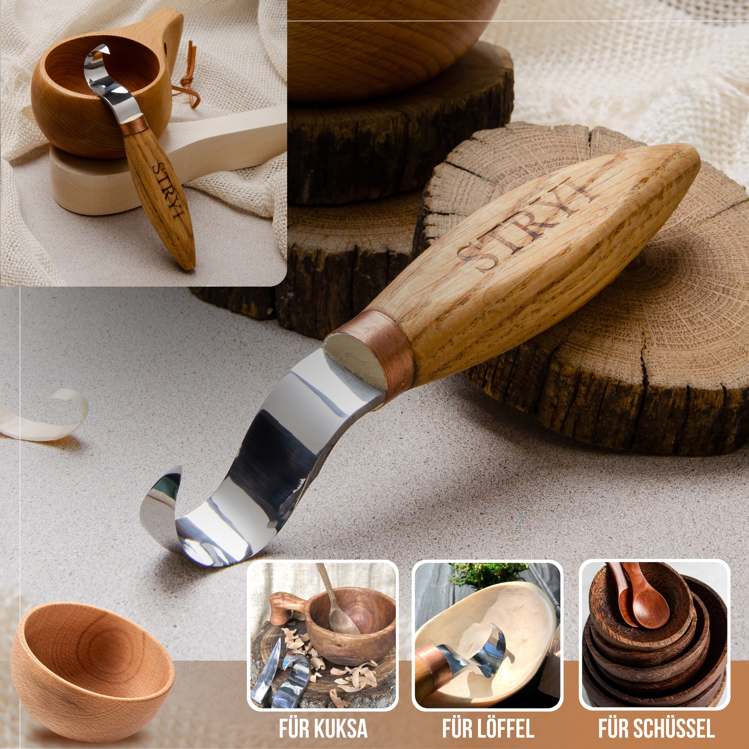 Spoon bowl and kuksa carving hook knife, Sharp hook knife 25mm STRYI Profi, Spoon knife, Bowl knife, Kuksa chisel, Hand forged tool