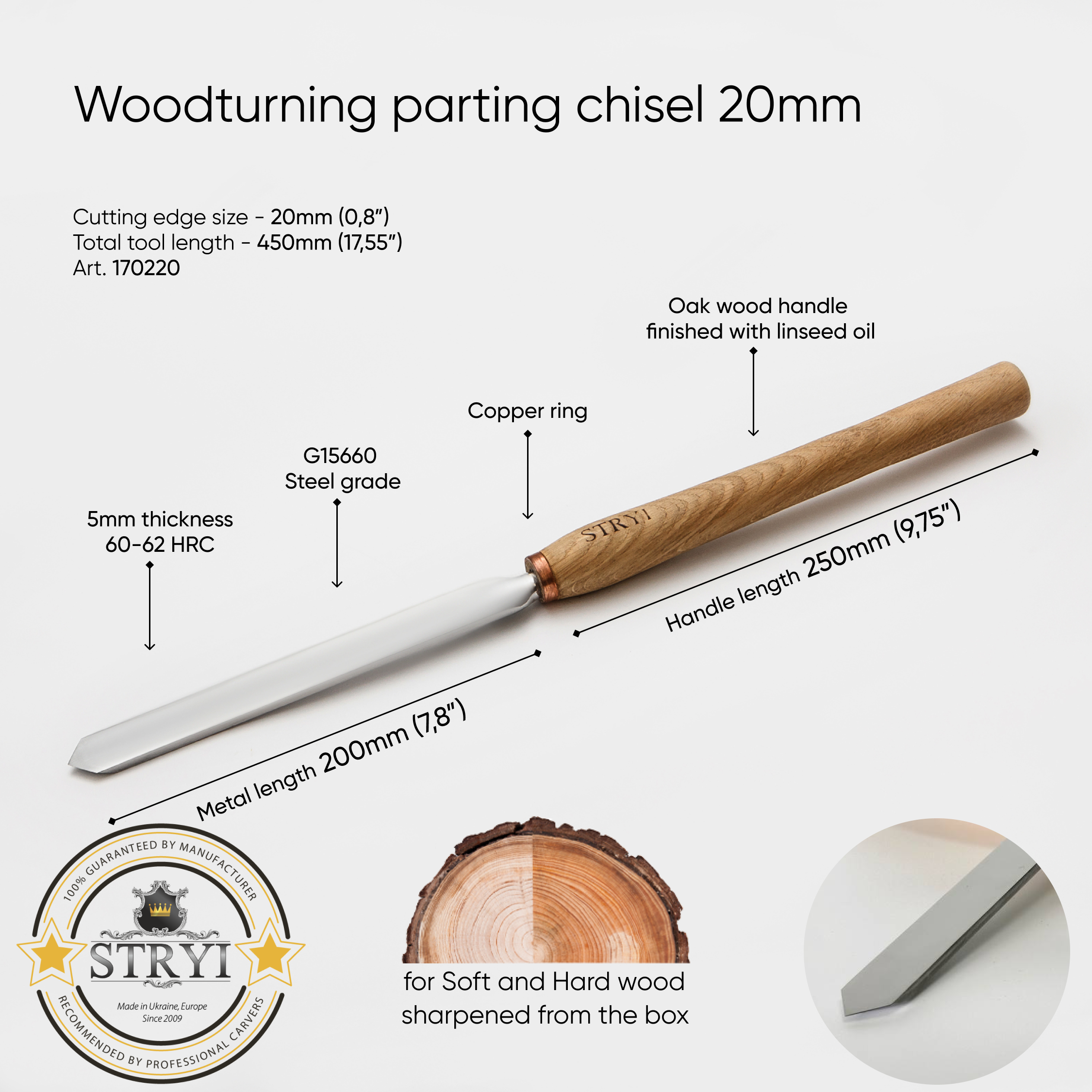 Herramienta de tronzar 20 mm, herramienta para tornear madera STRYI Profi