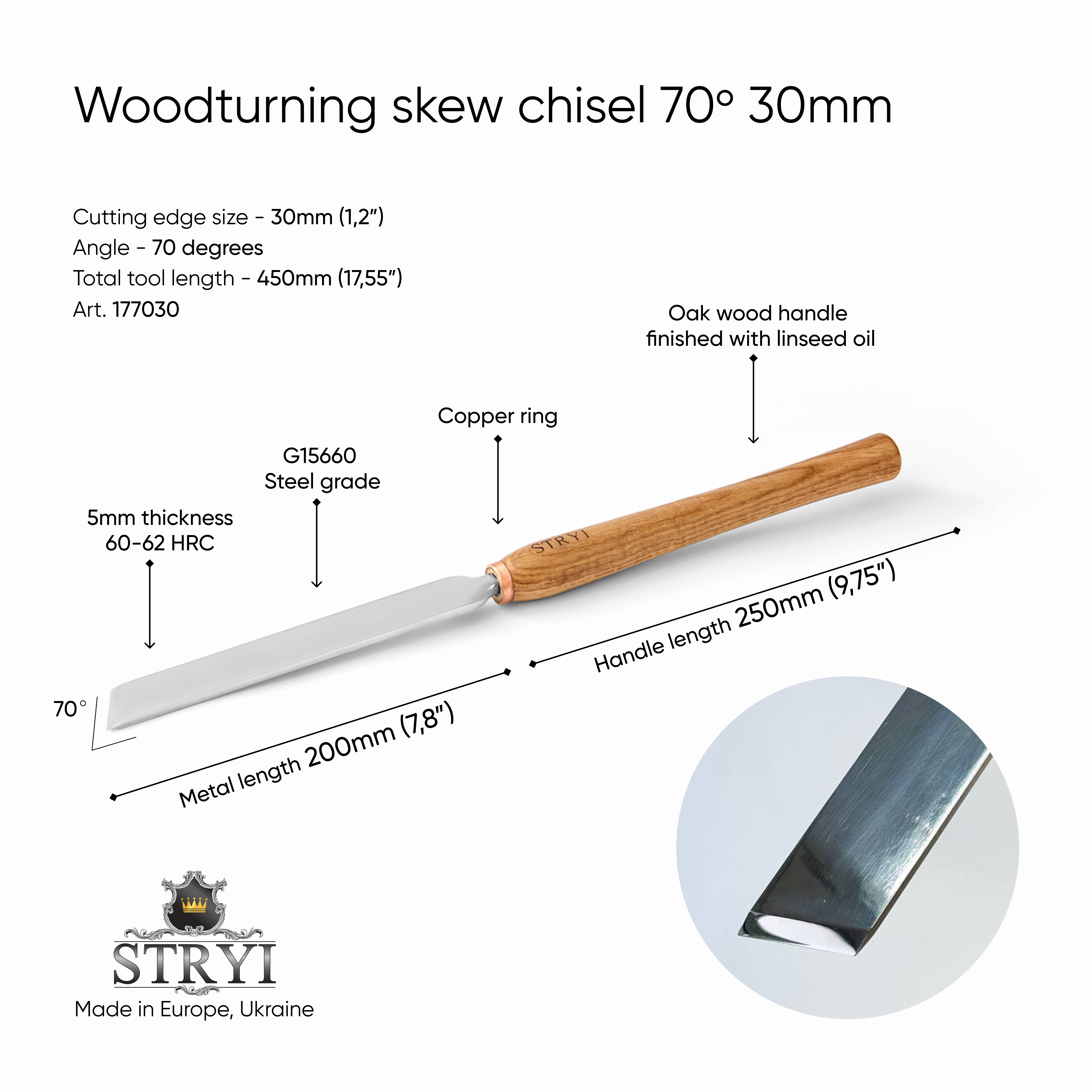 Cincel oblicuo de 70 grados, 30 mm, herramienta de trabajo de torno, herramienta de torneado de madera STRYI Profi