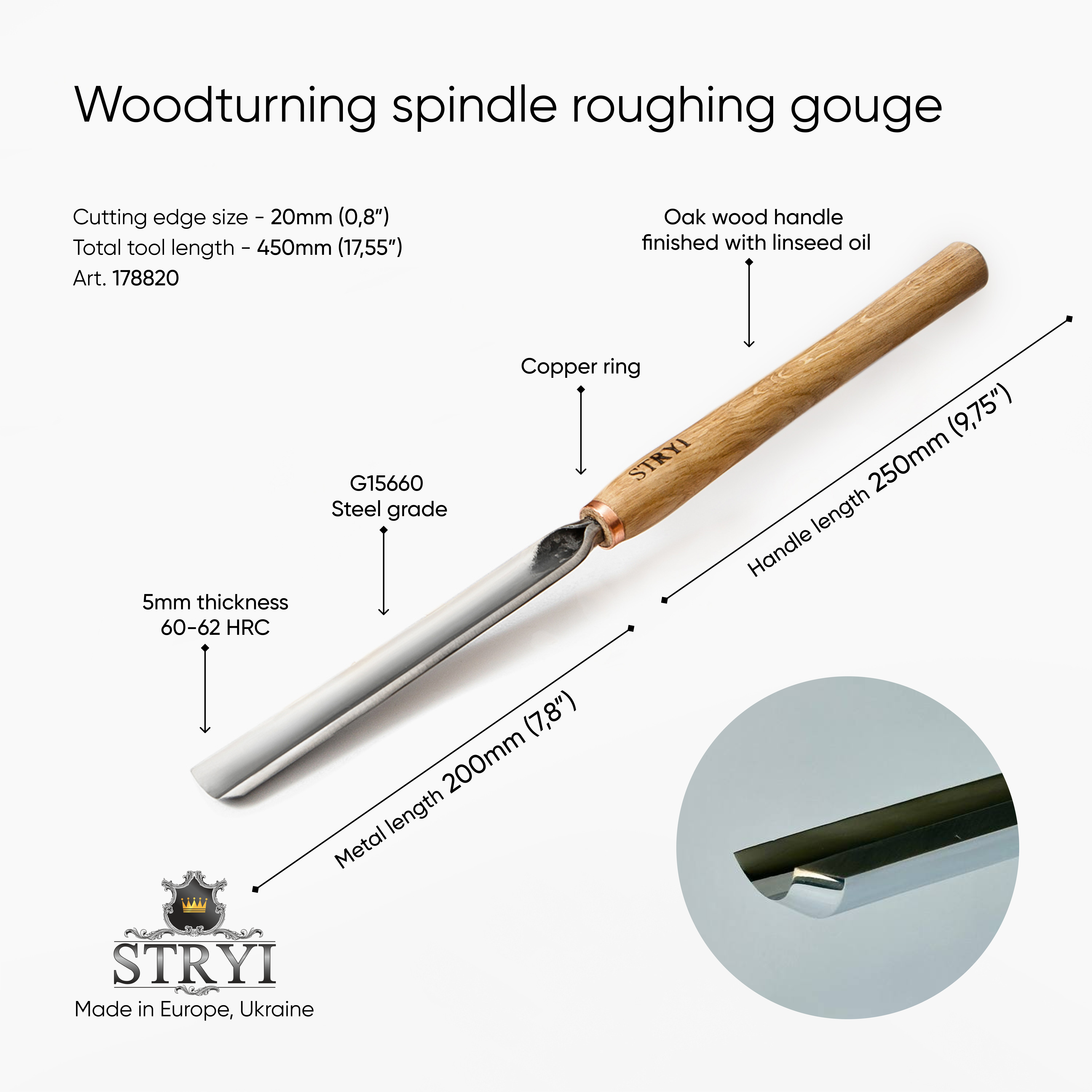 Gubia de desbaste de husillo STRYI Profi 20mm, Torno Herramientas de torneado de madera