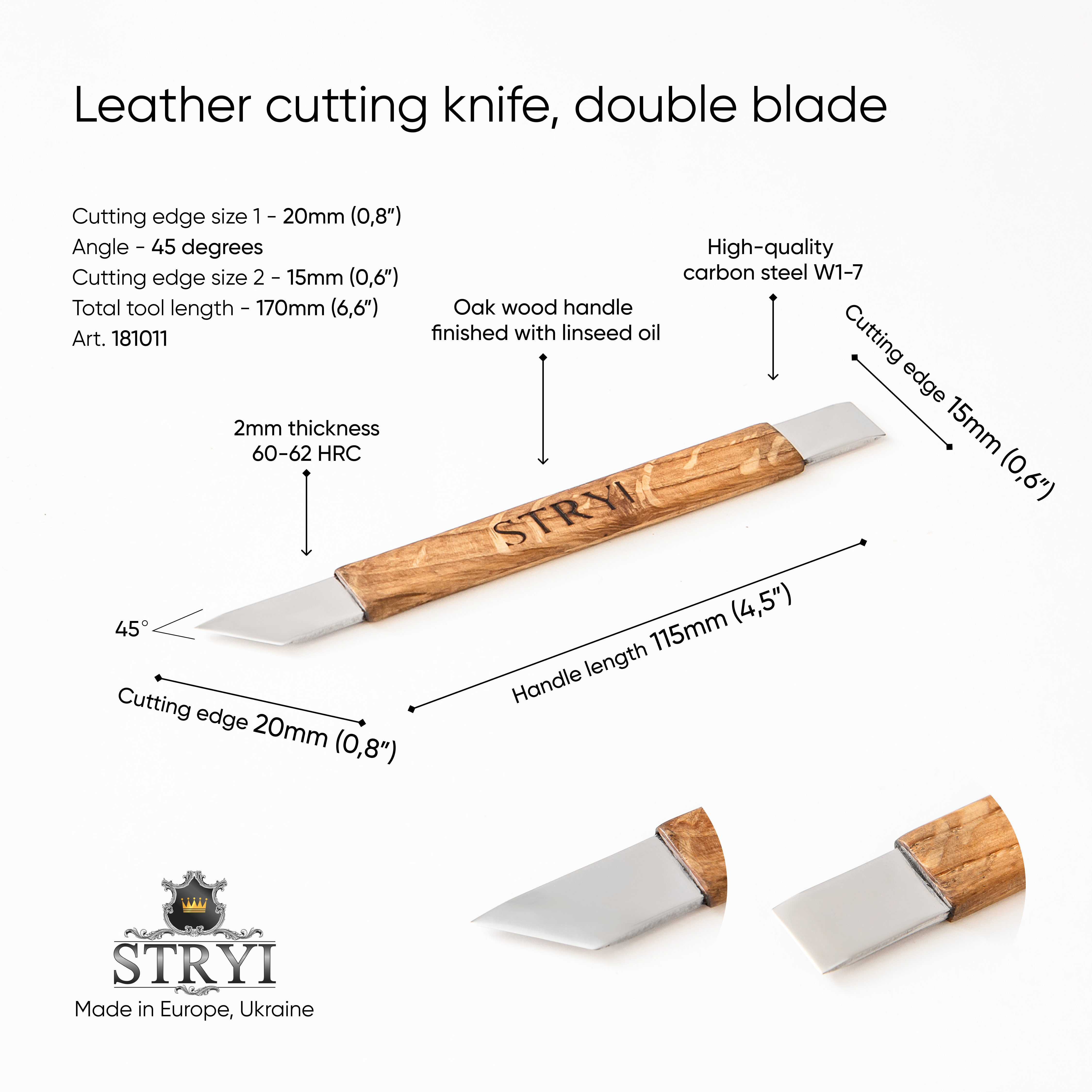 Leather Cutting Knife STRYI Profi with dual blade, Double-blade tool, Skewed knife for leather processing, Leather craft knife