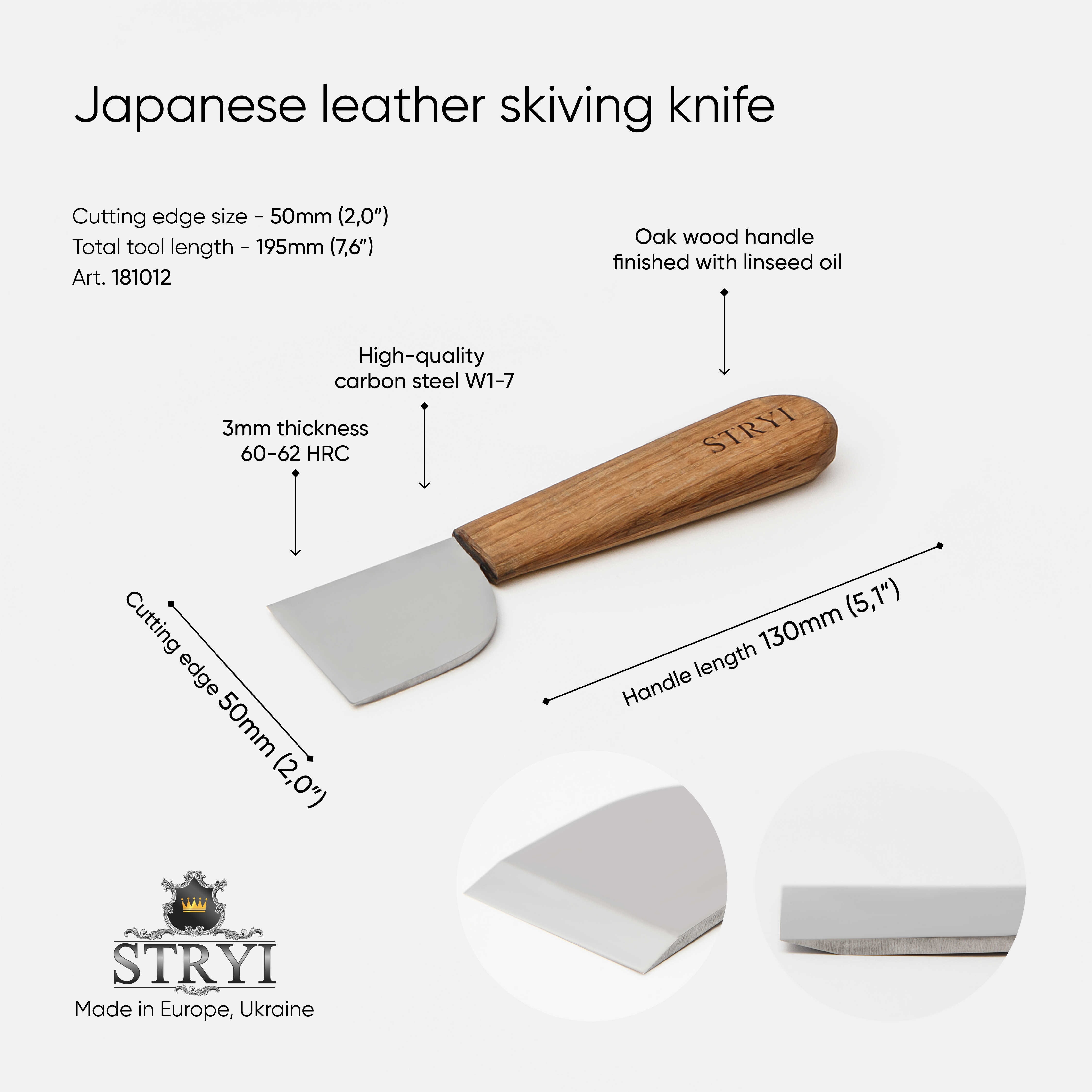 Japanese skiving knife for leather straight-beveled STRYI Profi, knife for leather working, basic knife for leather