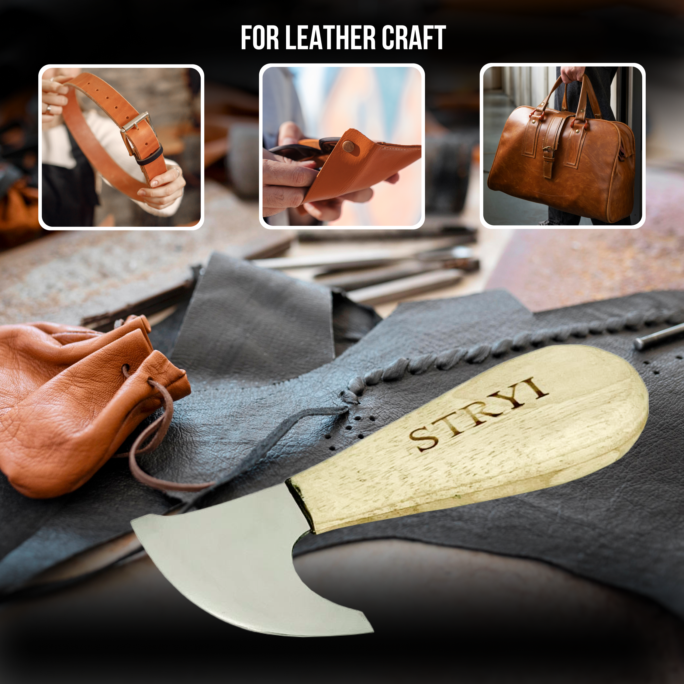 Unique Half Leather Blade Knife for Leatherworking STRYI Profi