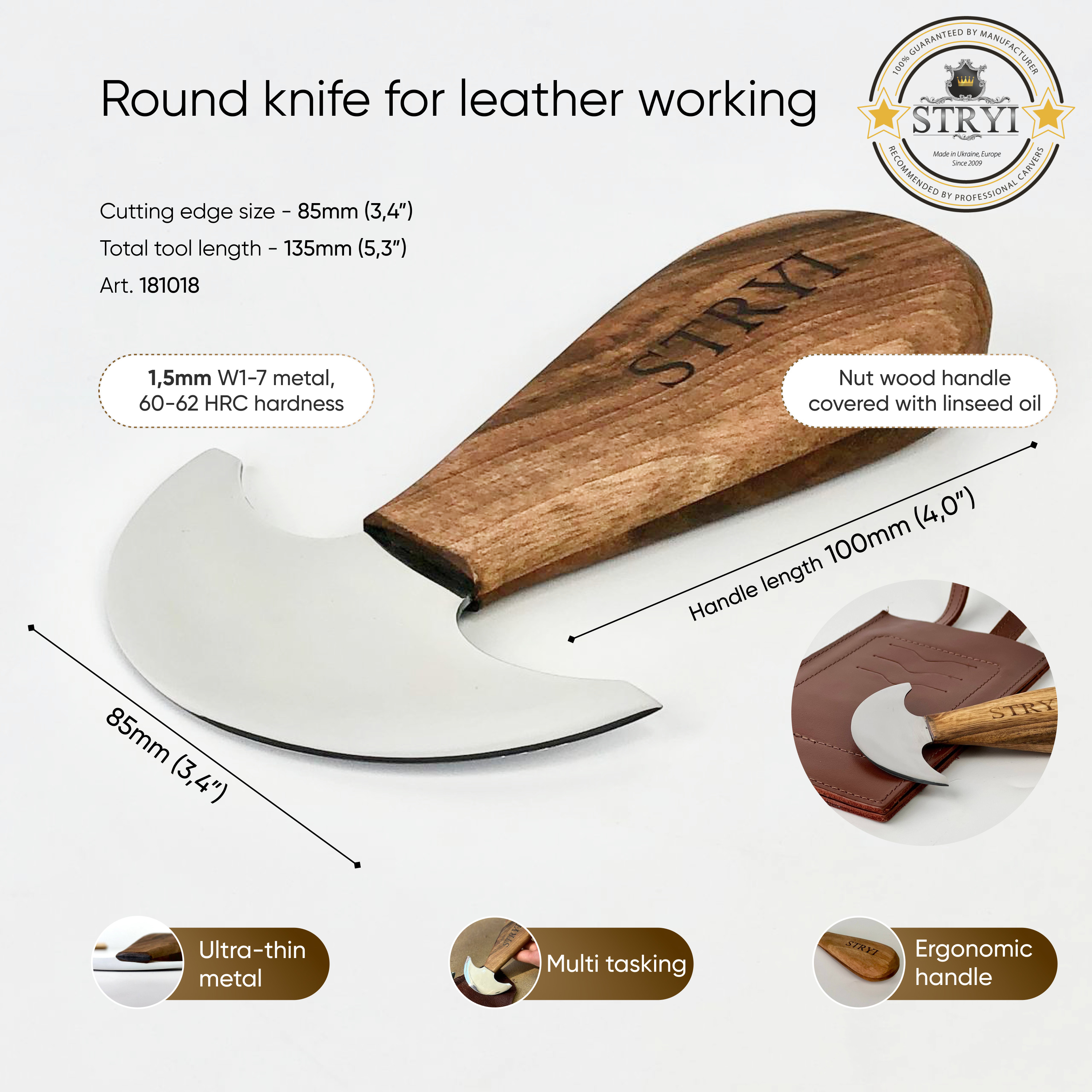 Cuchillo de cabeza de cuero premium, STRYI Profi, cuchillo para marroquinería