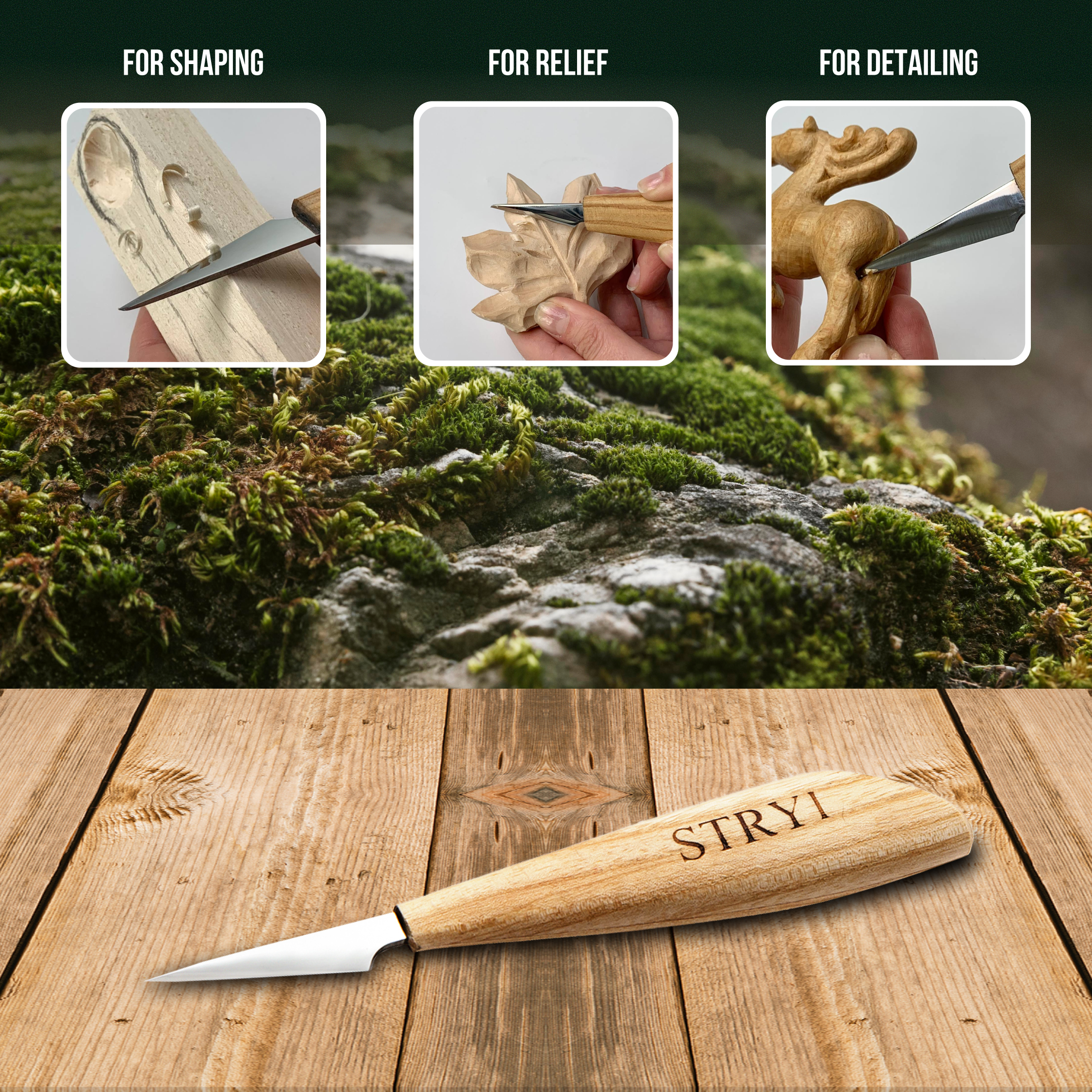 Wood carving knife 40mm STRYI Profi for detailed carving, Whittling knife, Sloyd knife