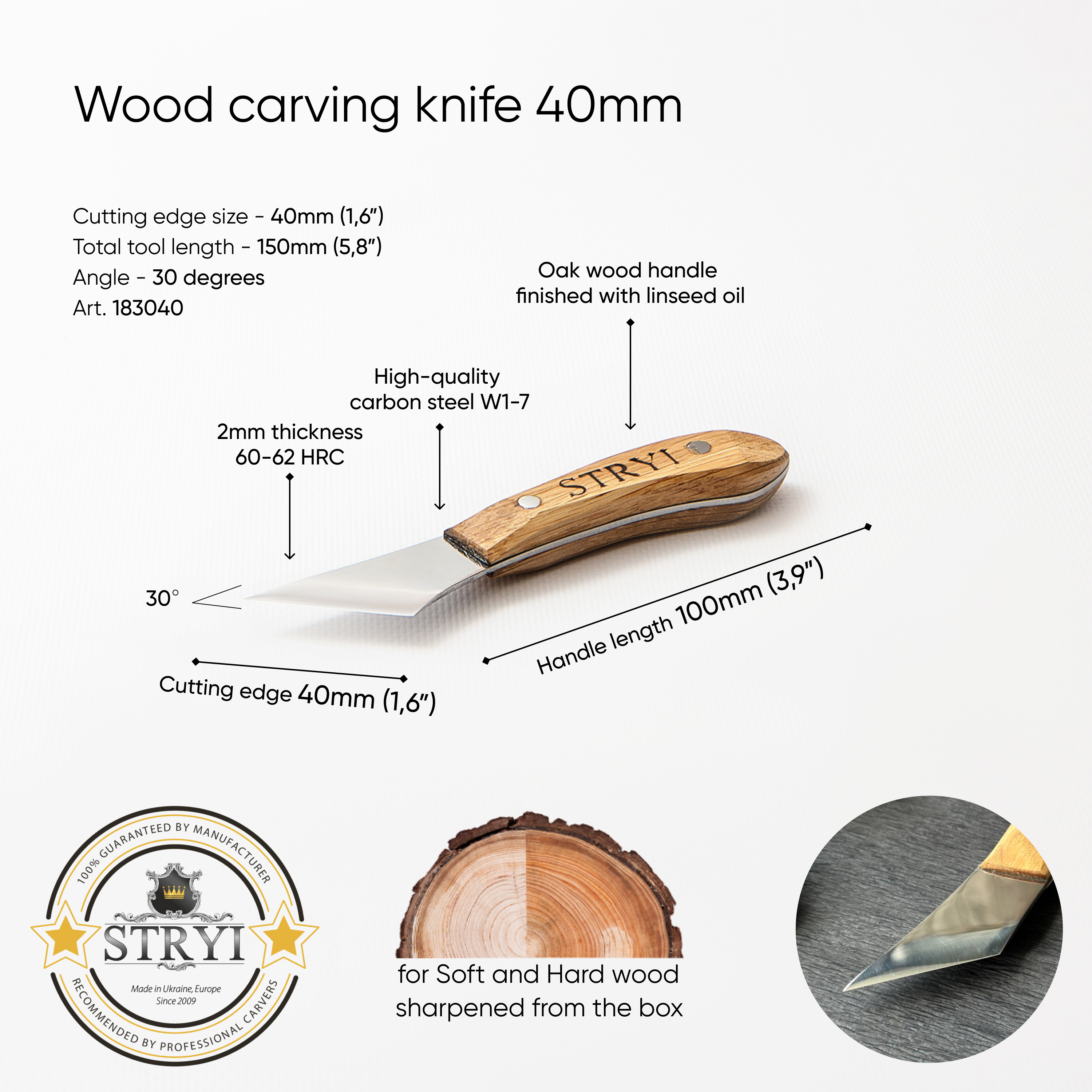 Gemustertes Schnitzmesser für Holzschnitzerei 40mm STRYI Profi, Schnitzmesser, Sloydmesser, Messer für Holzschmuck
