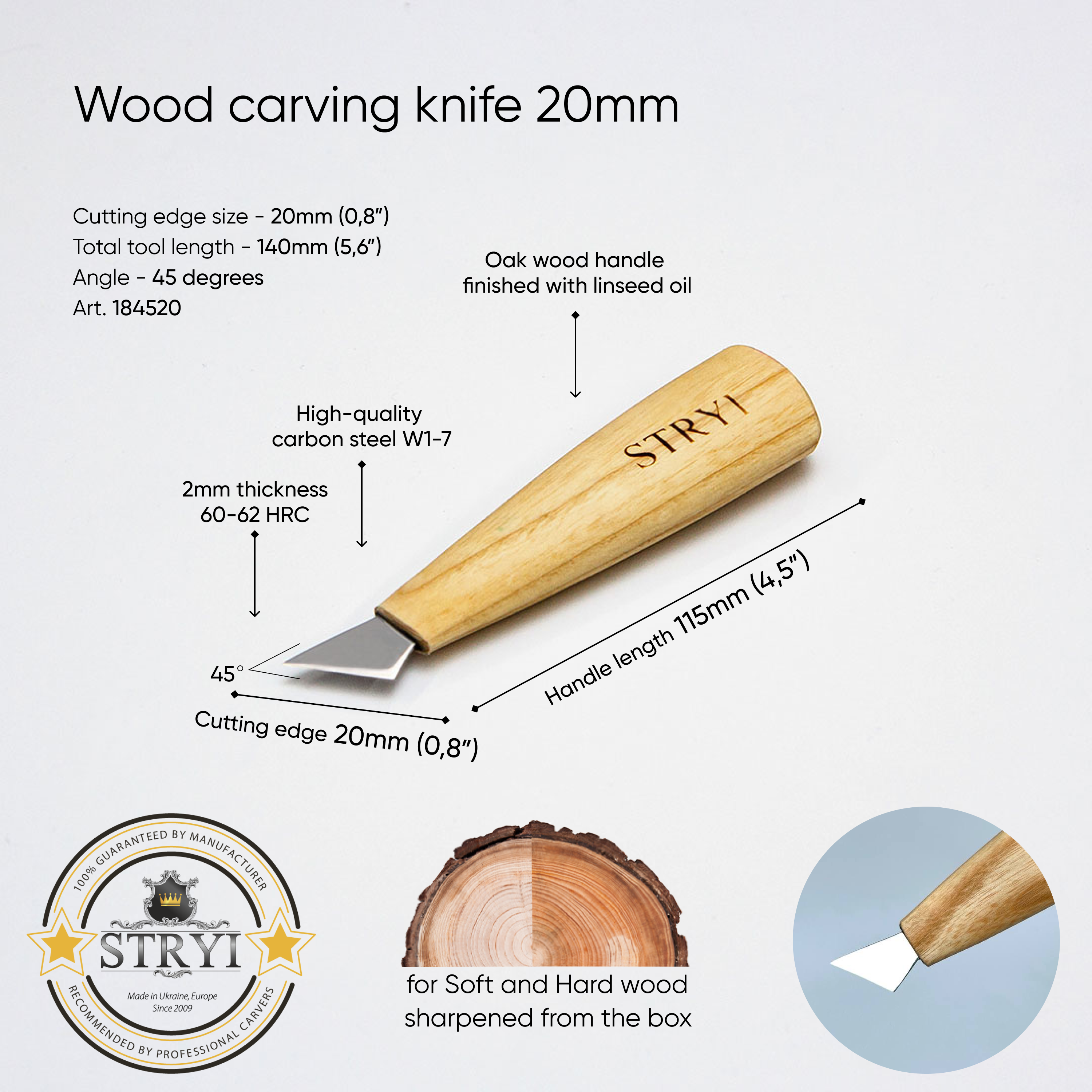 Chip carving knife 20mm STRYI Profi, Carving tools, Triangle knife, Chip carving tool