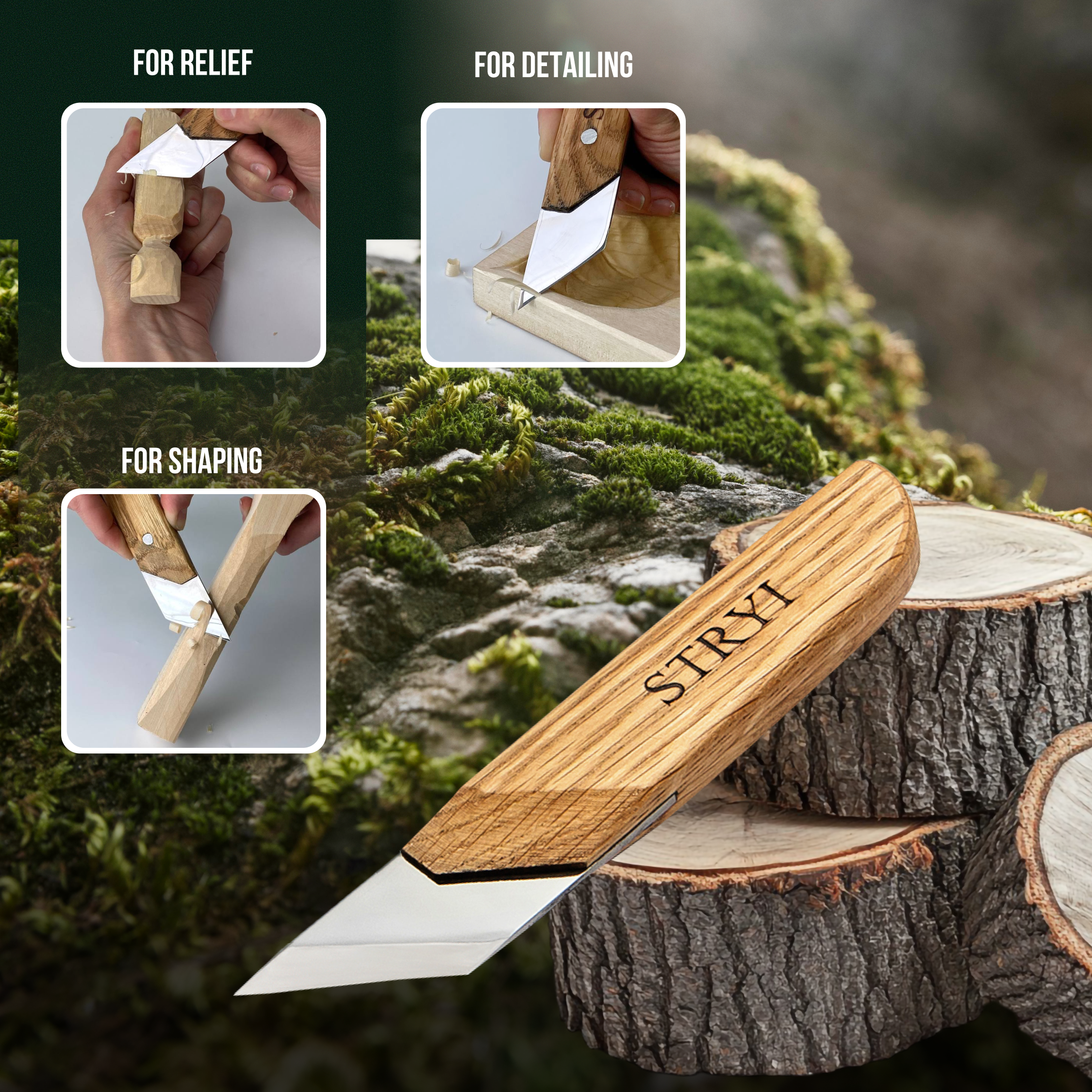 Wide carving knife,  carving knife 40mm STRYI Profi, Skewed knife, Knife for sculpting