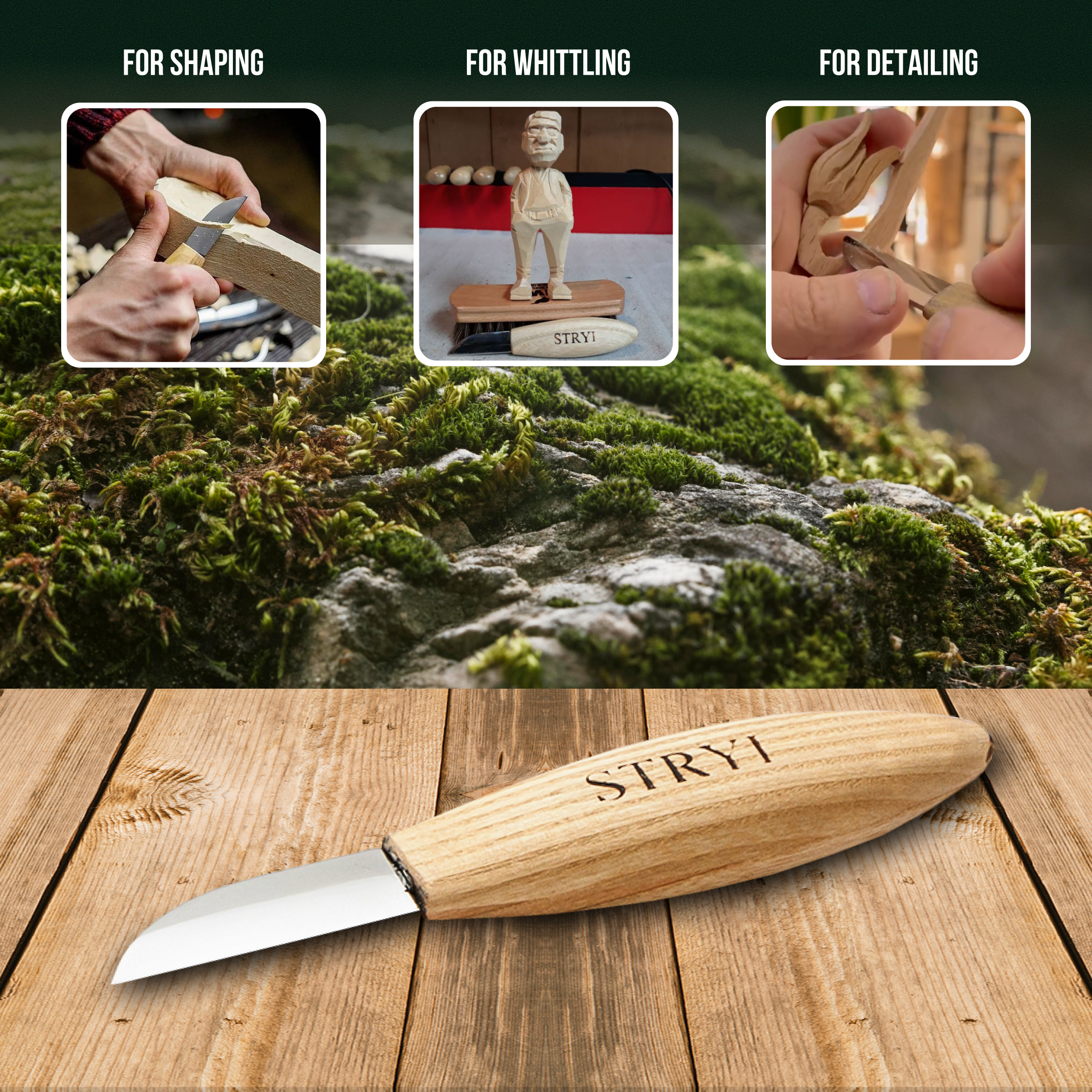 Whittling knife 50mm STRYI Profi, Woodcarving tool, Sloyd knife, Carving knife, Straight blade knife