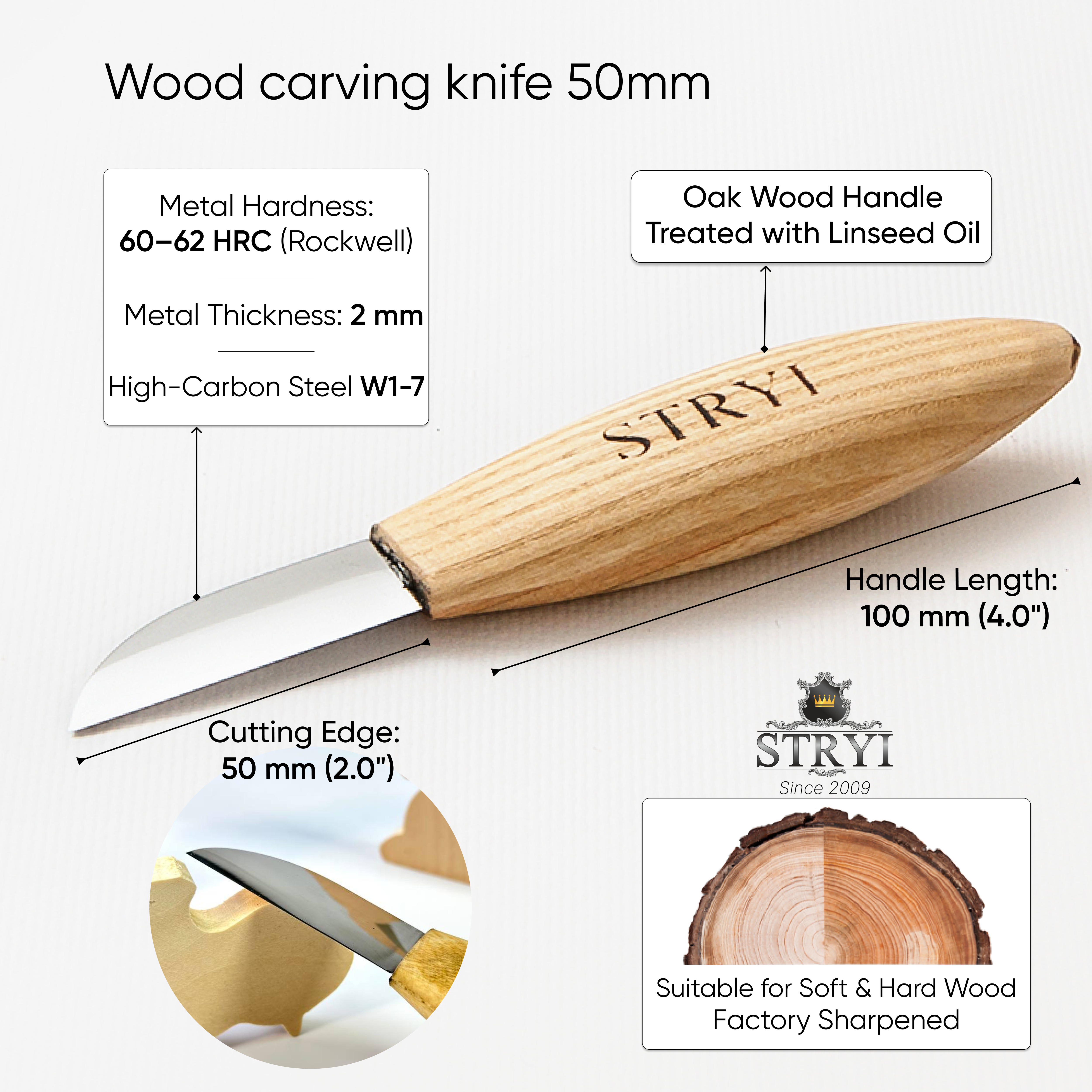 Whittling knife 50mm STRYI Profi, Woodcarving tool, Sloyd knife, Carving knife, Straight blade knife