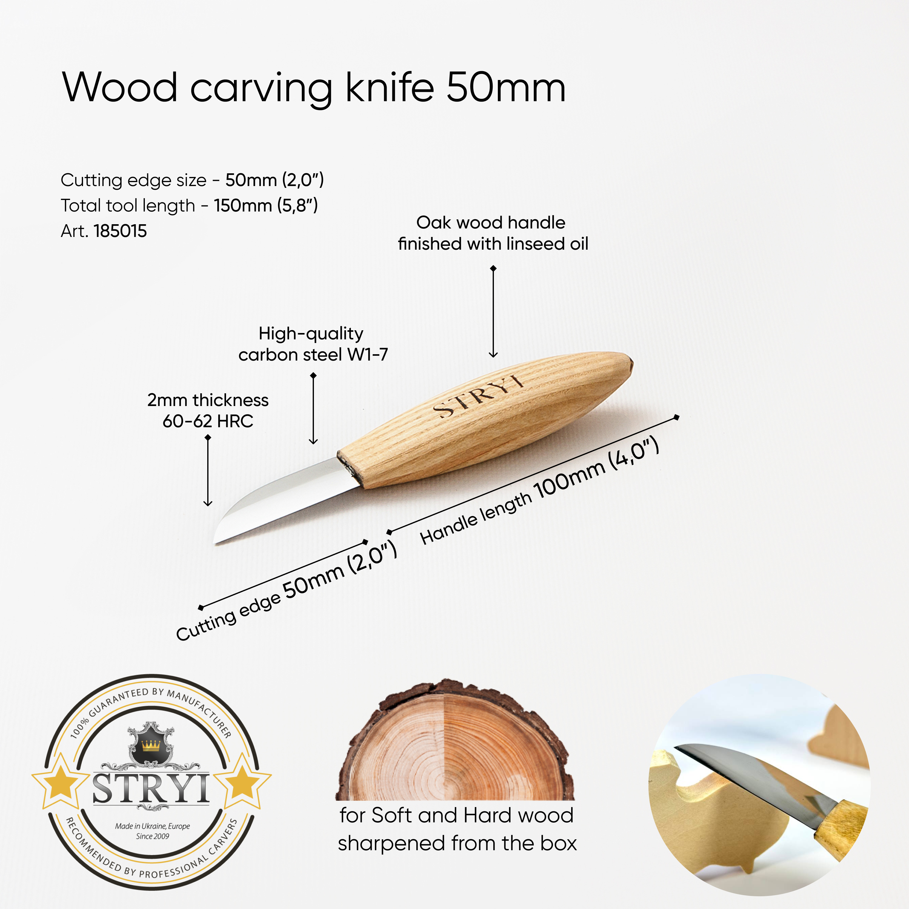 Whittling knife 50mm STRYI Profi, Woodcarving tool, Sloyd knife, Carving knife, Straight blade knife