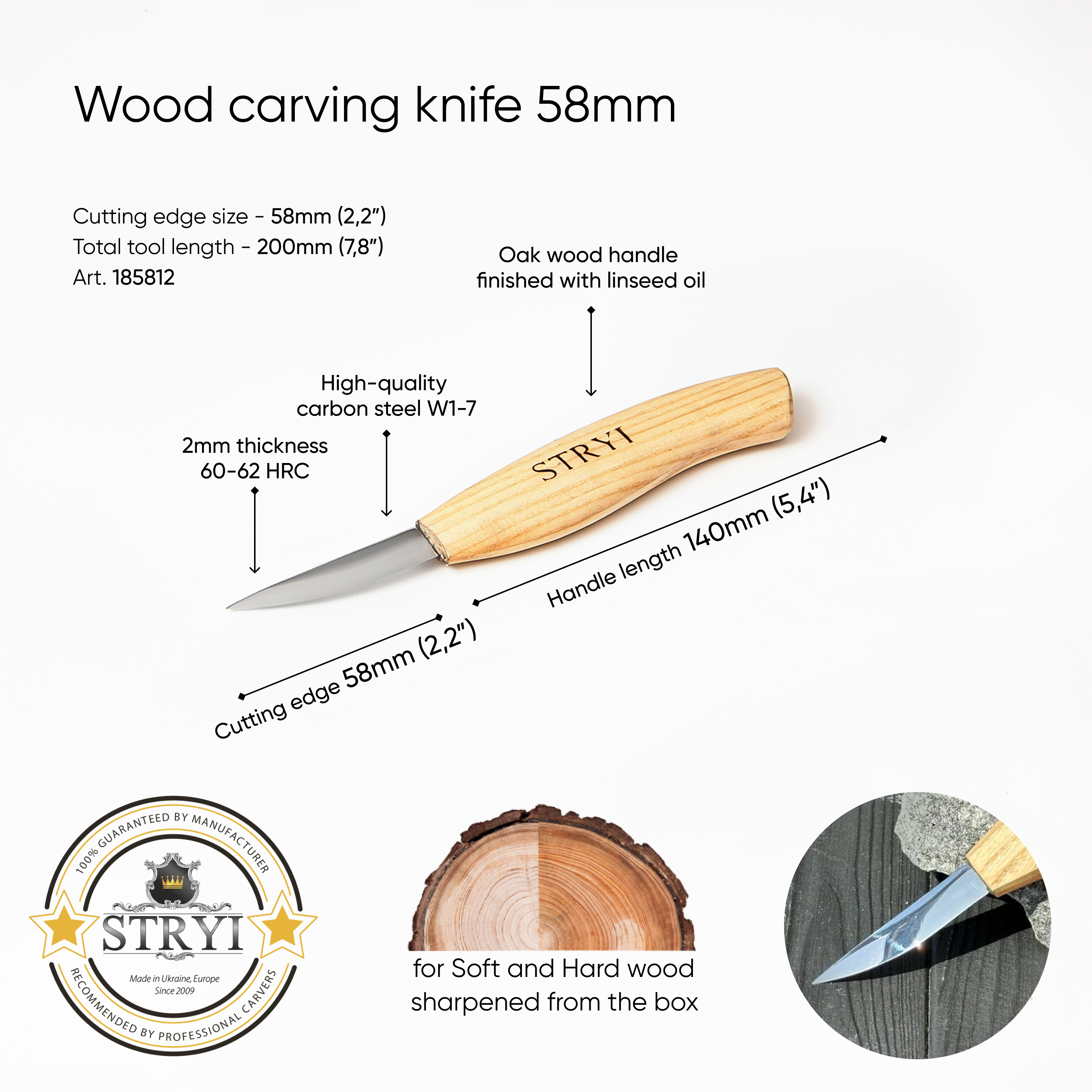 Whittling knife for wood carving 58mm STRYI Profi, Sloyd knife, Carving figurines, Carving knife