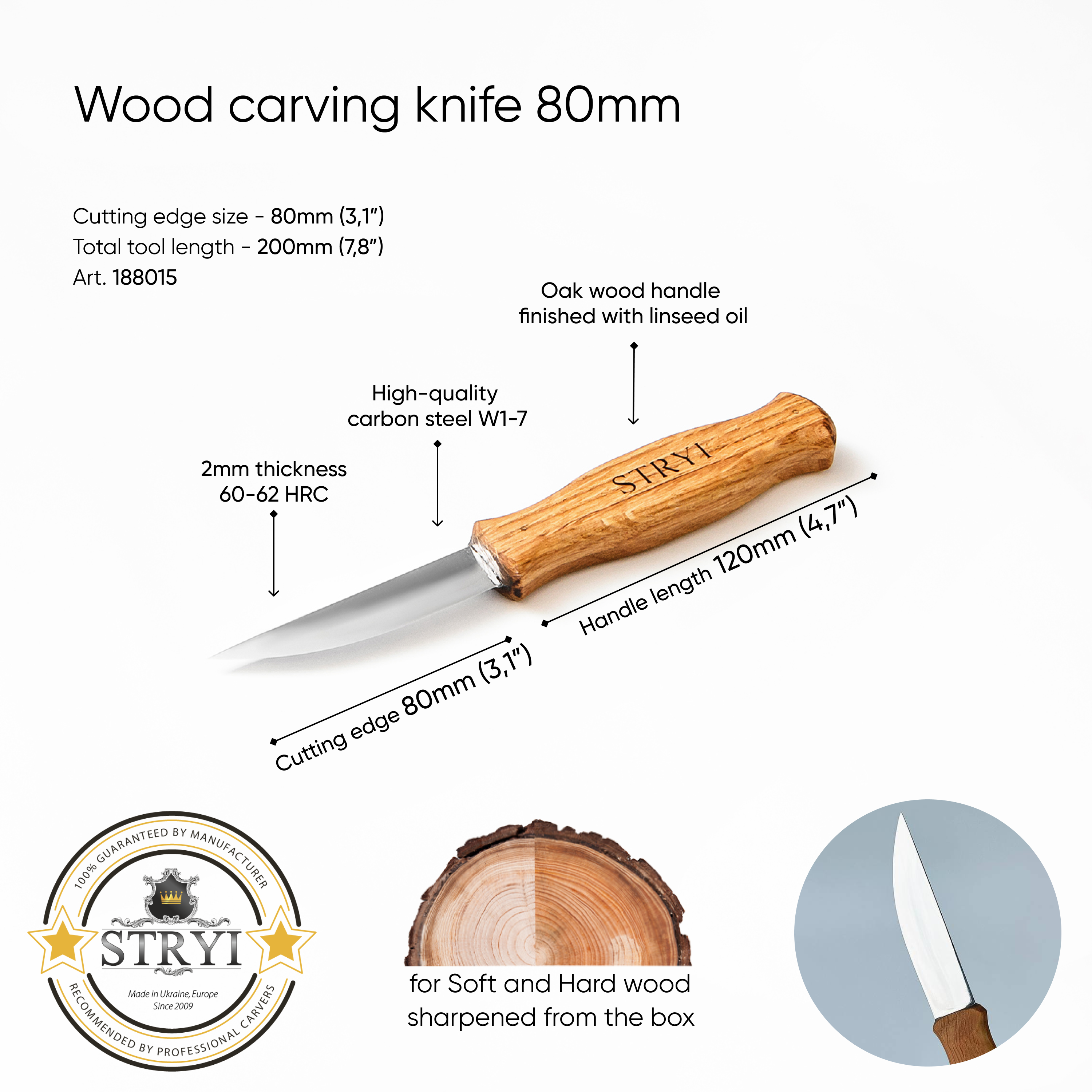 Cuchillo de escultura STRYI Profi para tallar madera 80mm