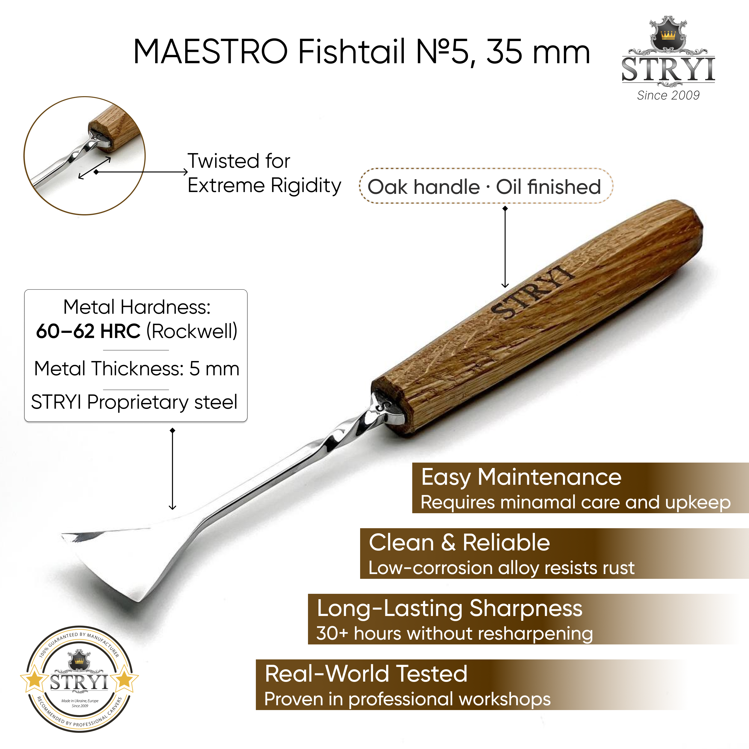 Fishtail Gouge sweep #5 STRYI Maestro for relief carving and detailed carving, NEW line