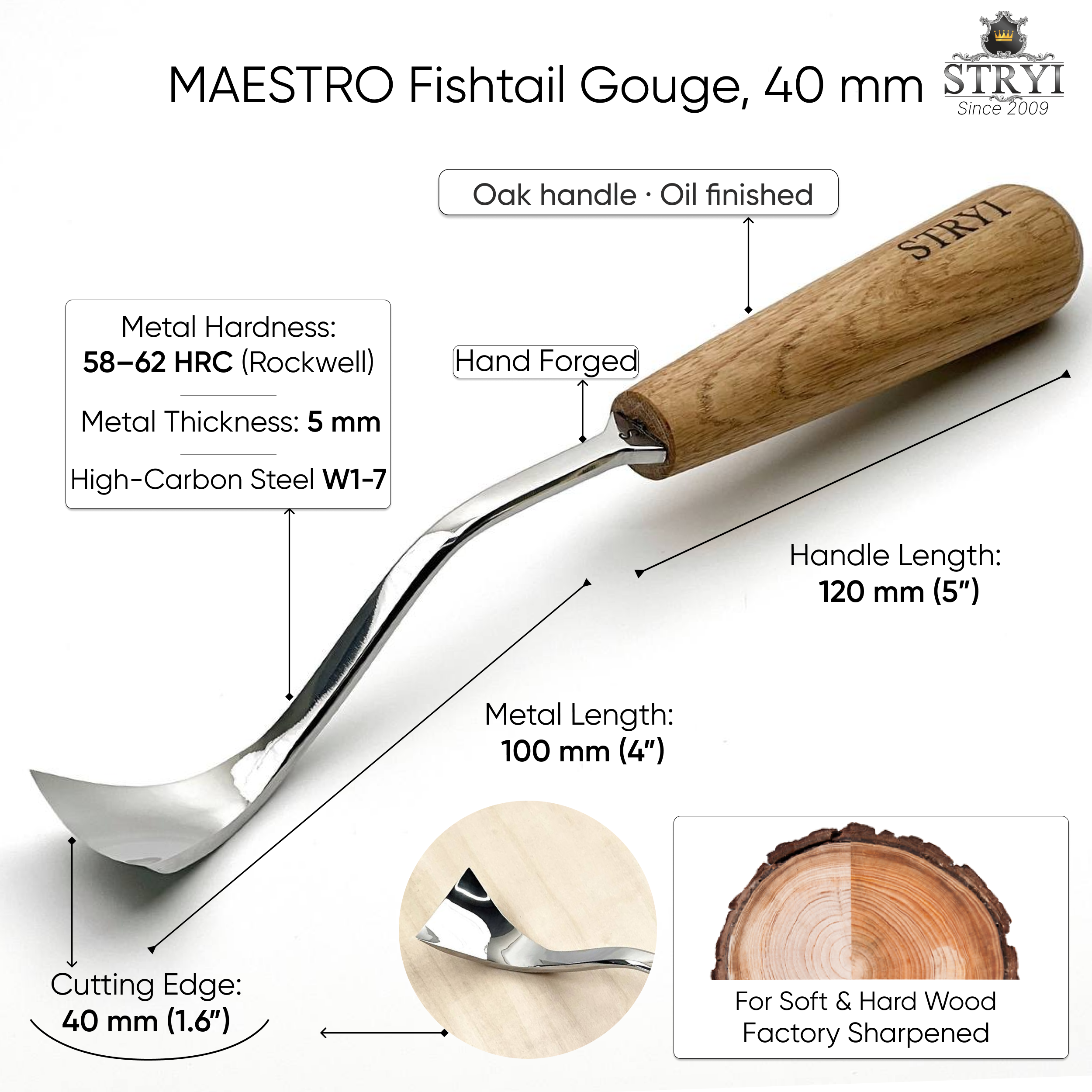 STRYI Maestro Large Bent Gouge for Relief carving, Spoons and Bowl Carving, Furniture making