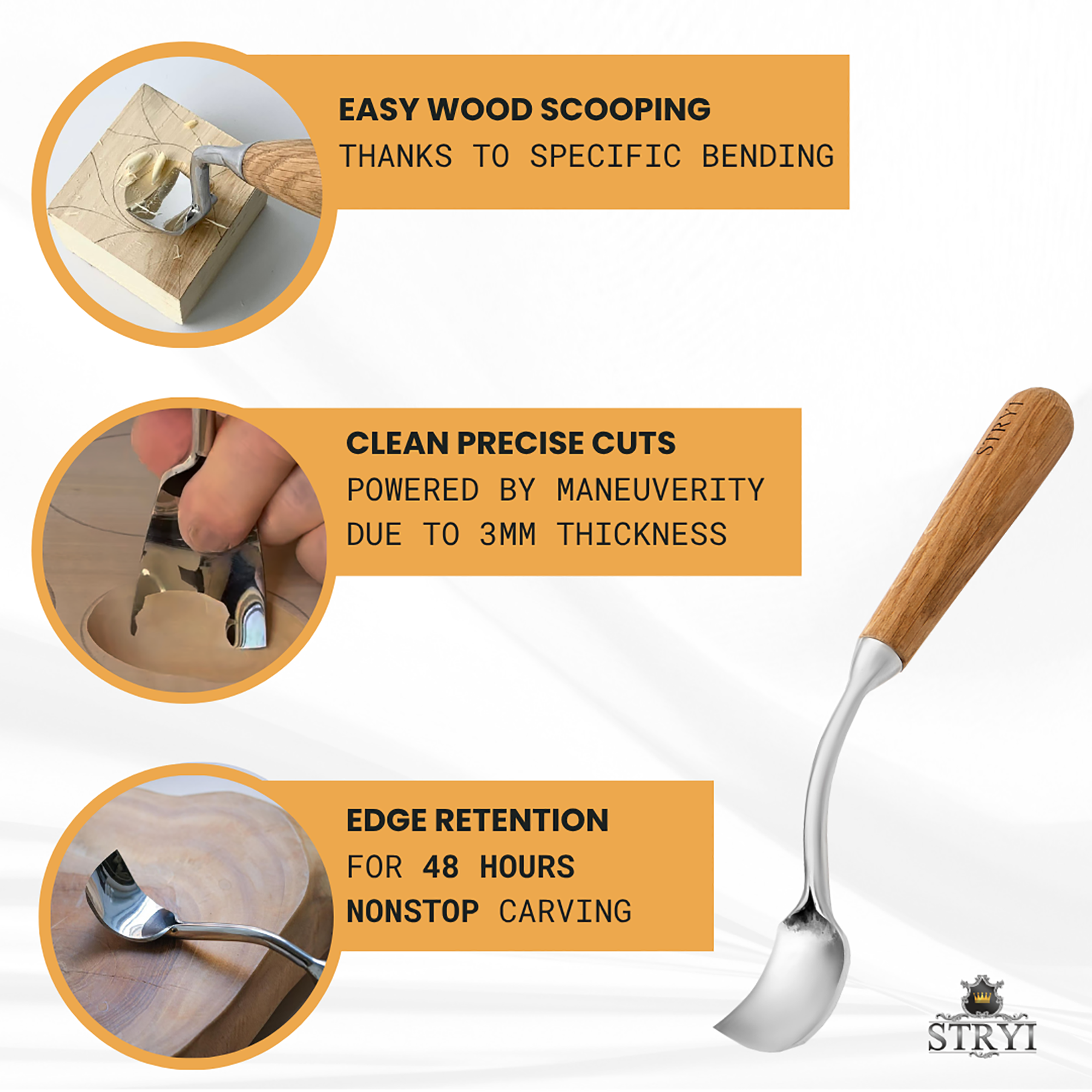 Schalenschnitzwerkzeug-Set mit 3 großen gebogenen Hohleisen STRYI Profi, Kuksa Hohleisen