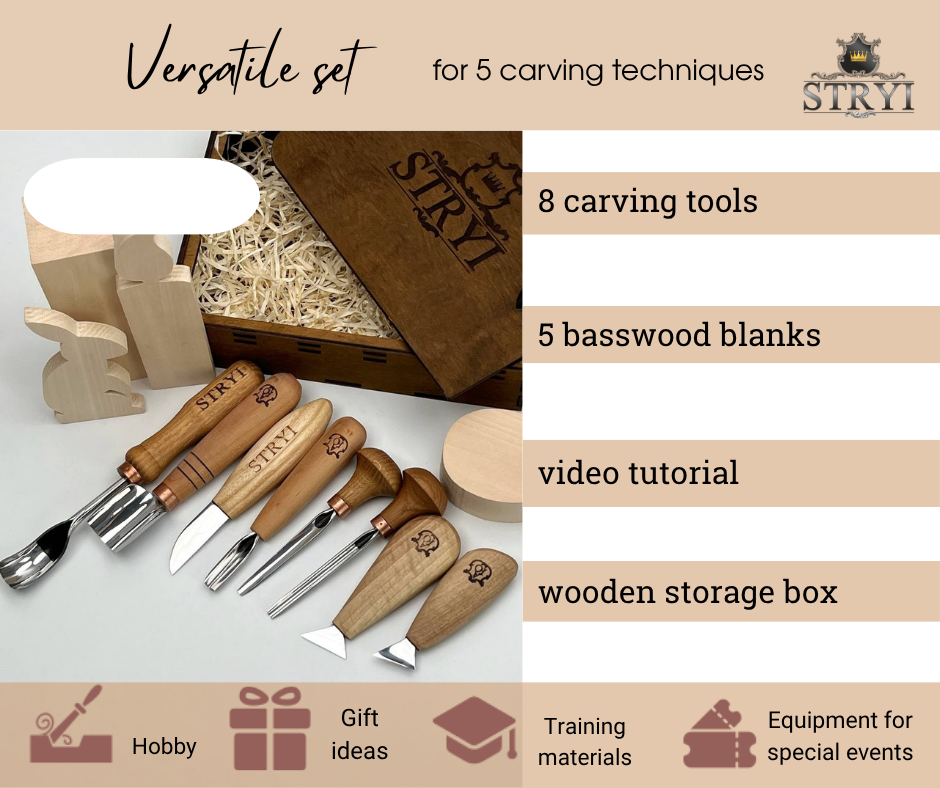 Vielseitiges Holzschnitzset STRYI Profi 12-tlg. Geschenk zum Schulabschluss, Kostenlose Videoanleitung