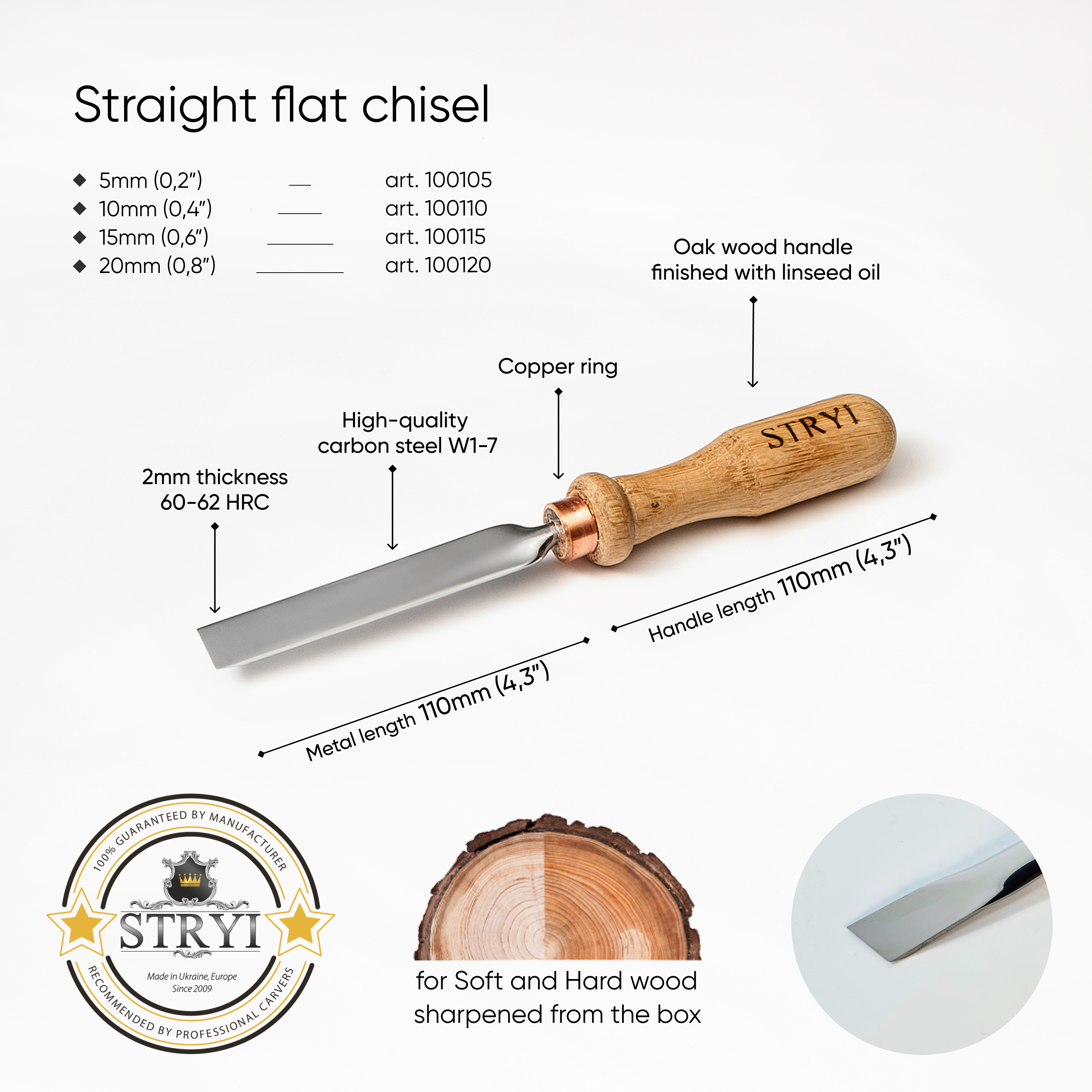 Gouge #1 Straight Chisel STRYI Profi, Flat Chisel, Gouges, Stryi carving tools