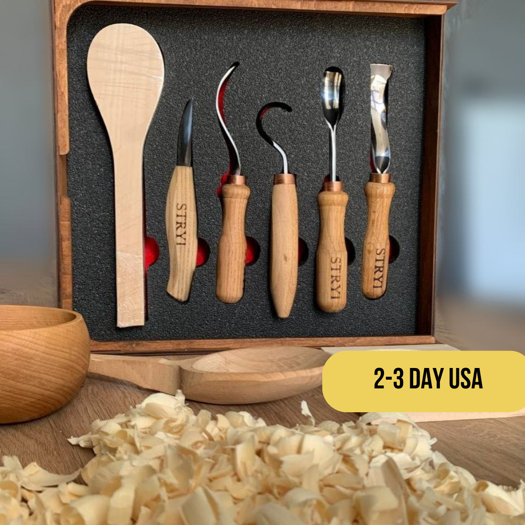 Spoon carving toolset 5pcs STRYI Profi in wooden gift box, Kuksa gouges, Bowl carving, Gift ready