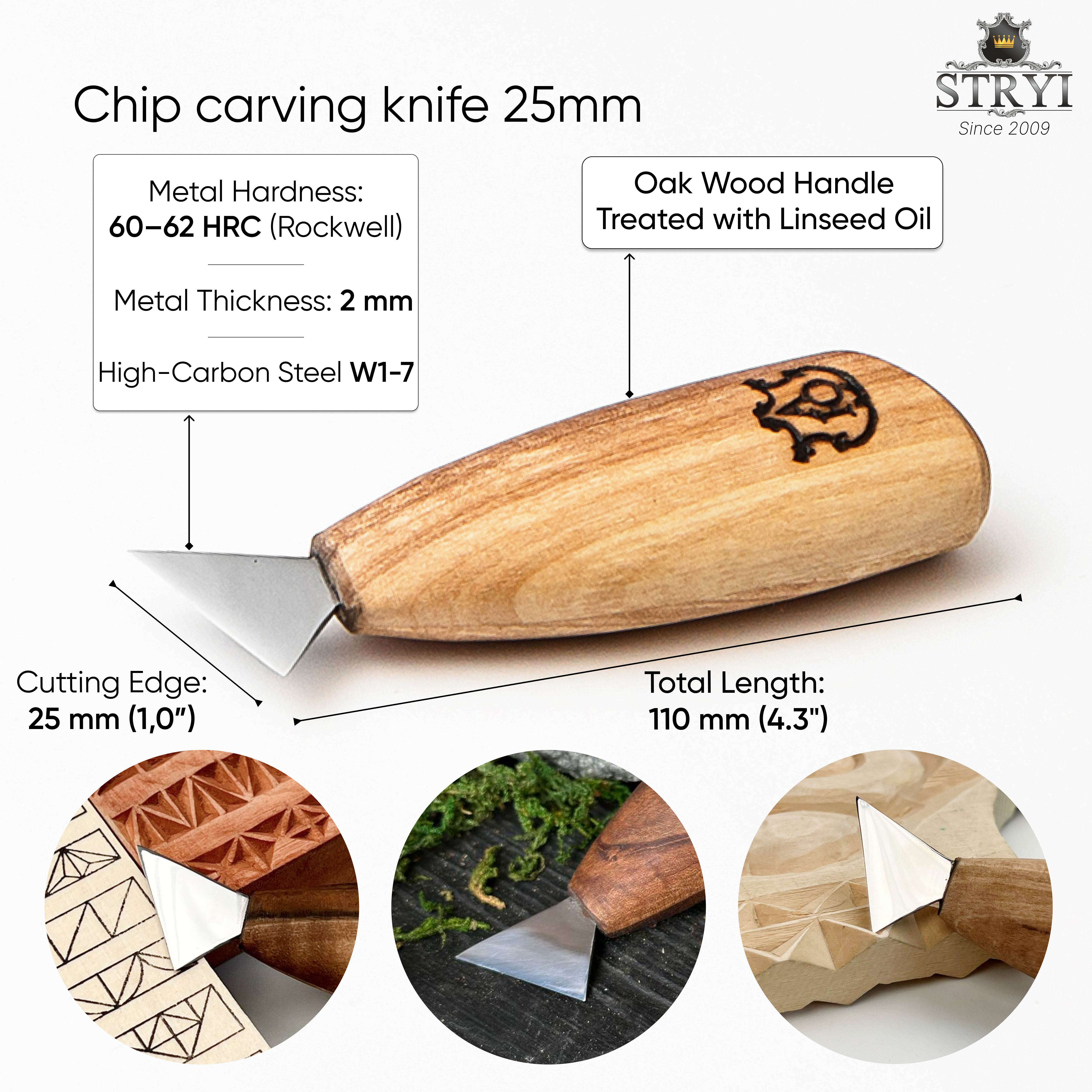 Knife for Сhip carving 25mm (1 in) STRYI Profi, Triangle knife for geometric carvings, Childrens knife for carving