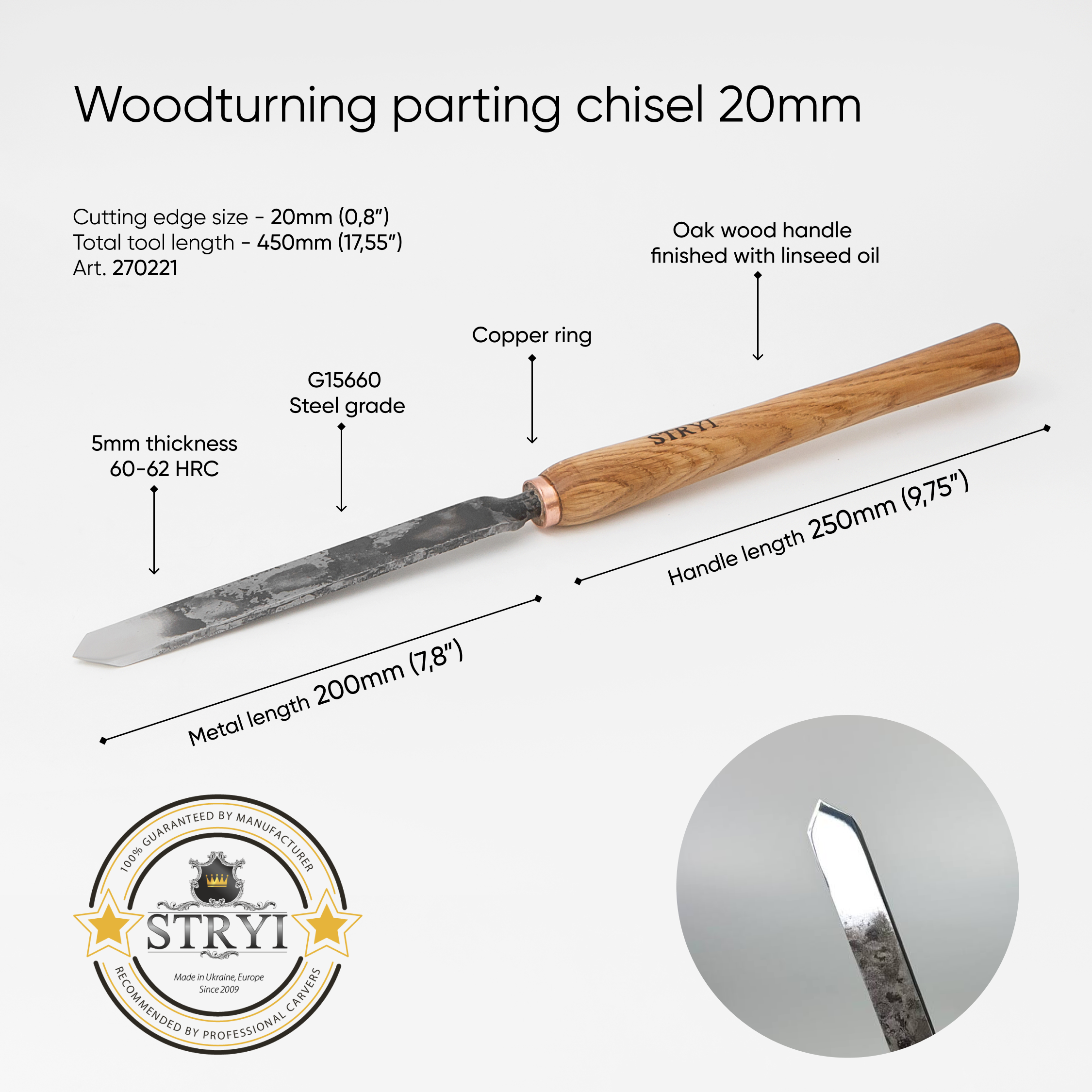 Herramienta de separación de 20 mm. Sin pulir. Herramienta para tornear madera STRYI Standart