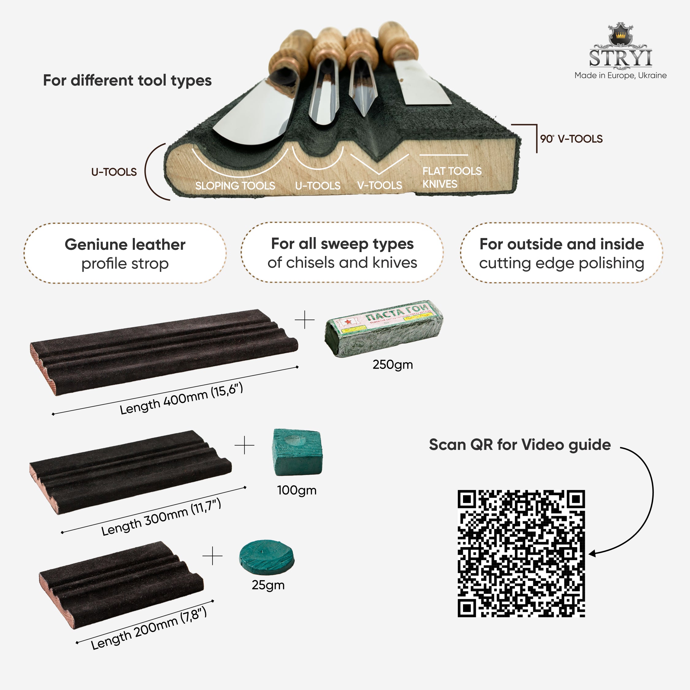 Leather strop 20cm for Sharpening tools, Polishing, Finishing knives, chisels, gouges