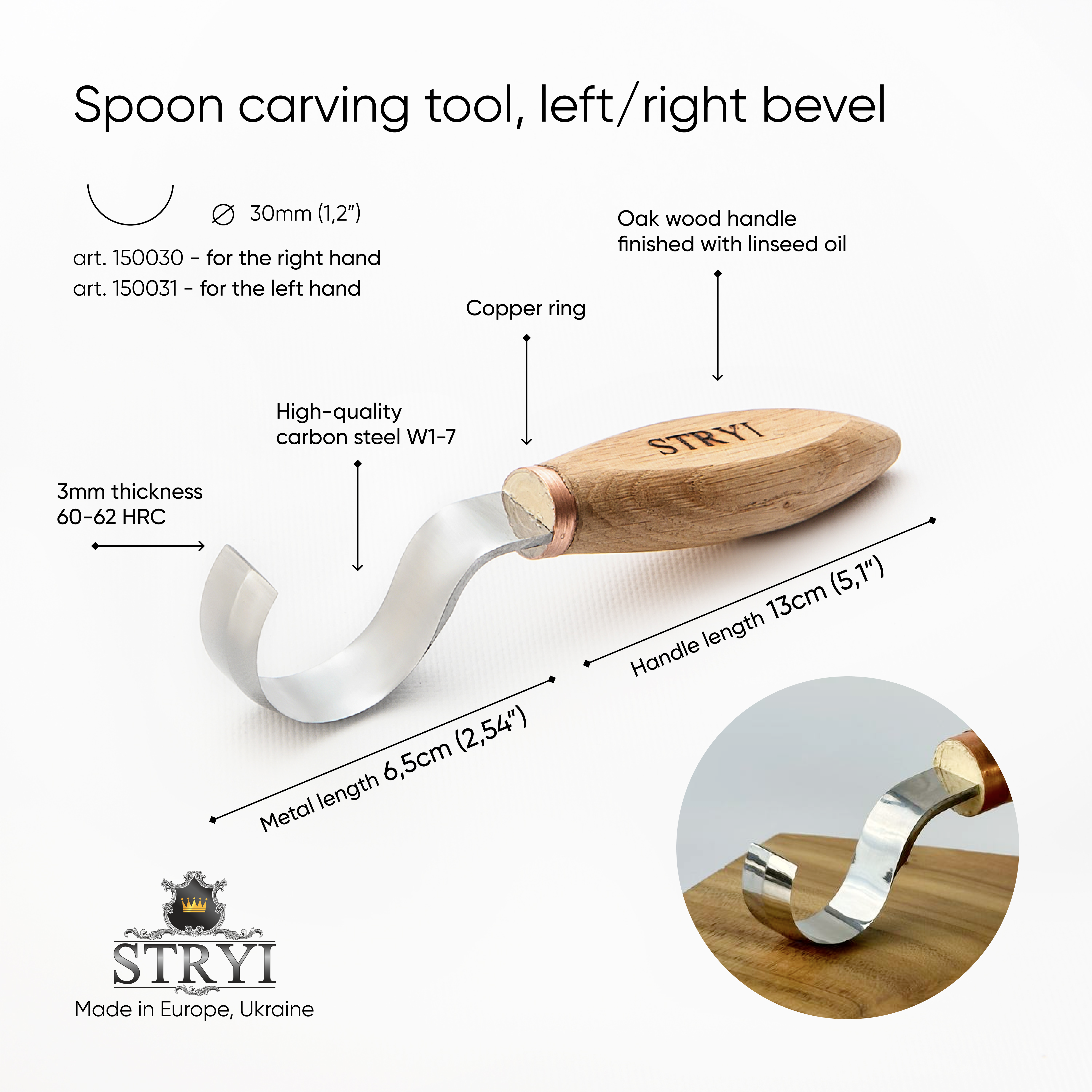 Spoon hook knife 30mm STRYI Profi bowl and Kuksa carving, Hook knife, Spoon knife. Curved knife