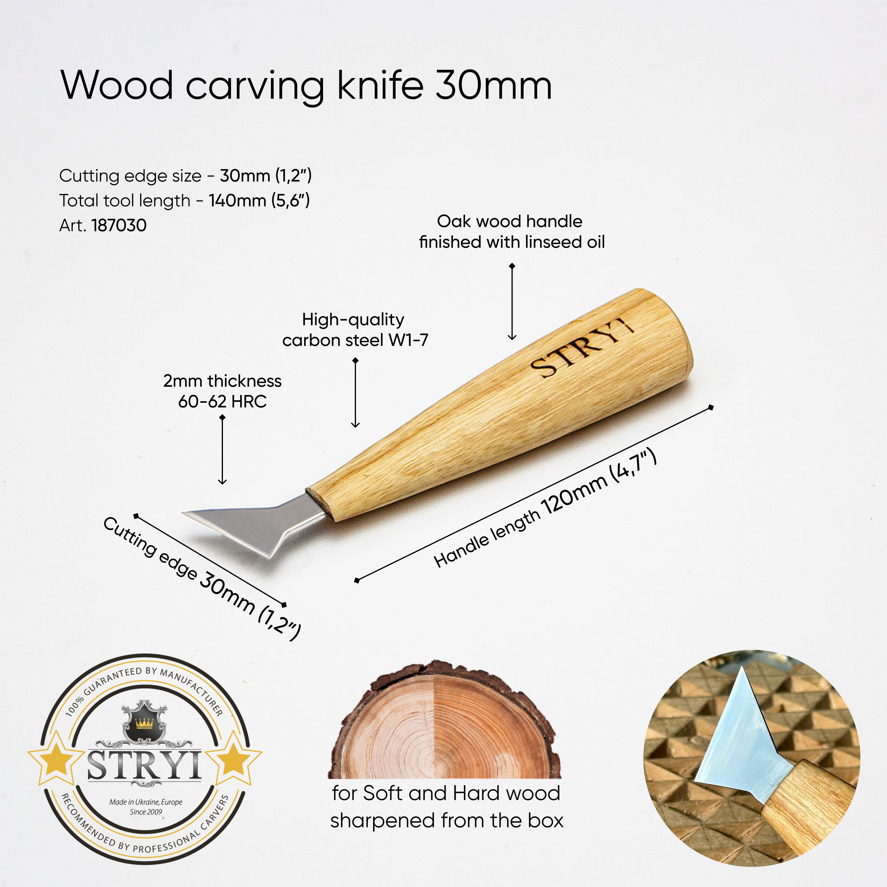 Messer STRYI Profi für Holzschnitzerei 30mm, Kerbschnitzmesser, Schwalbenschwanzmesser, Schnitzmesser, Dreiecksmesser