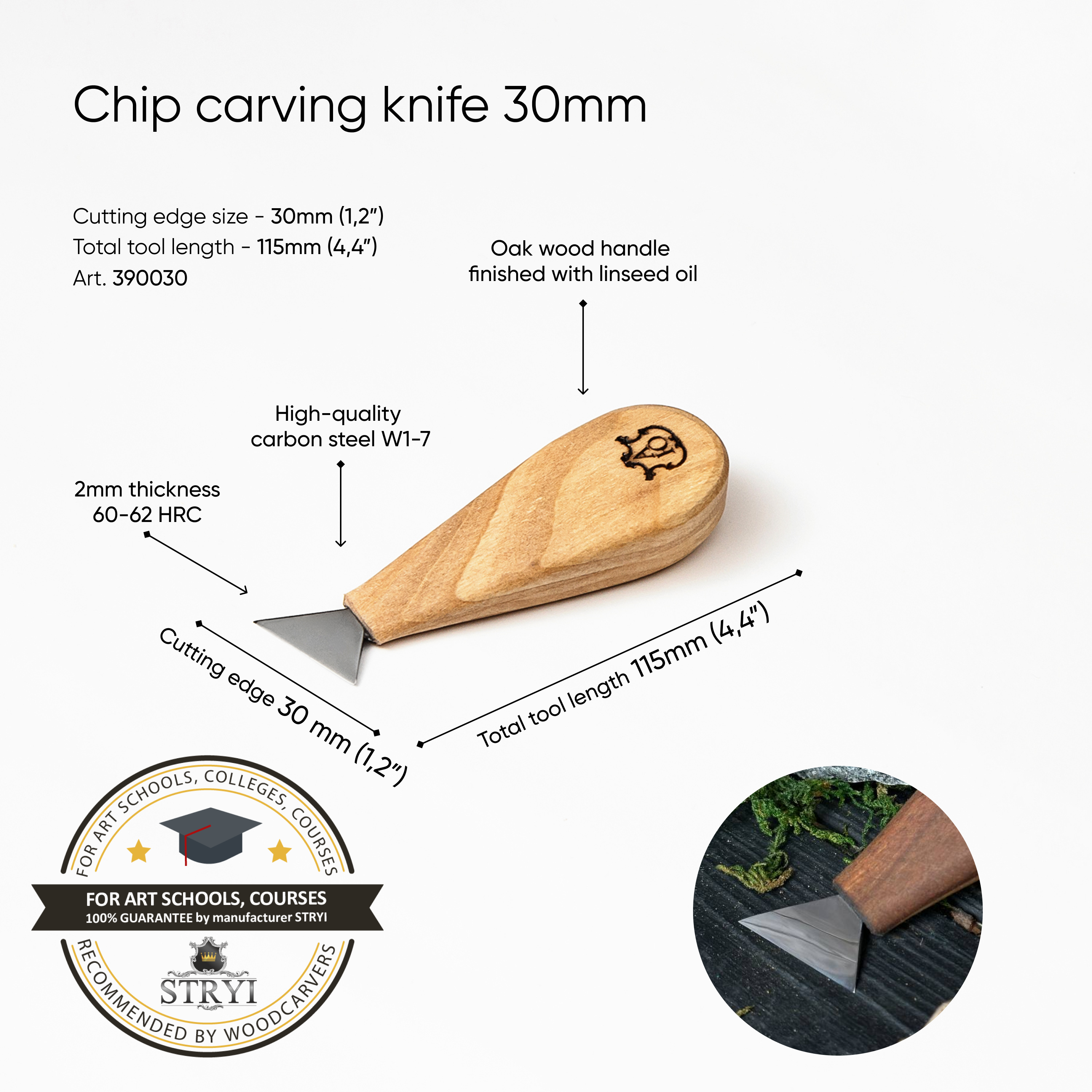 Cuchillo para tallar madera 30mm, cuchillo para tallar virutas STRYI&Adolf Yurev Profi