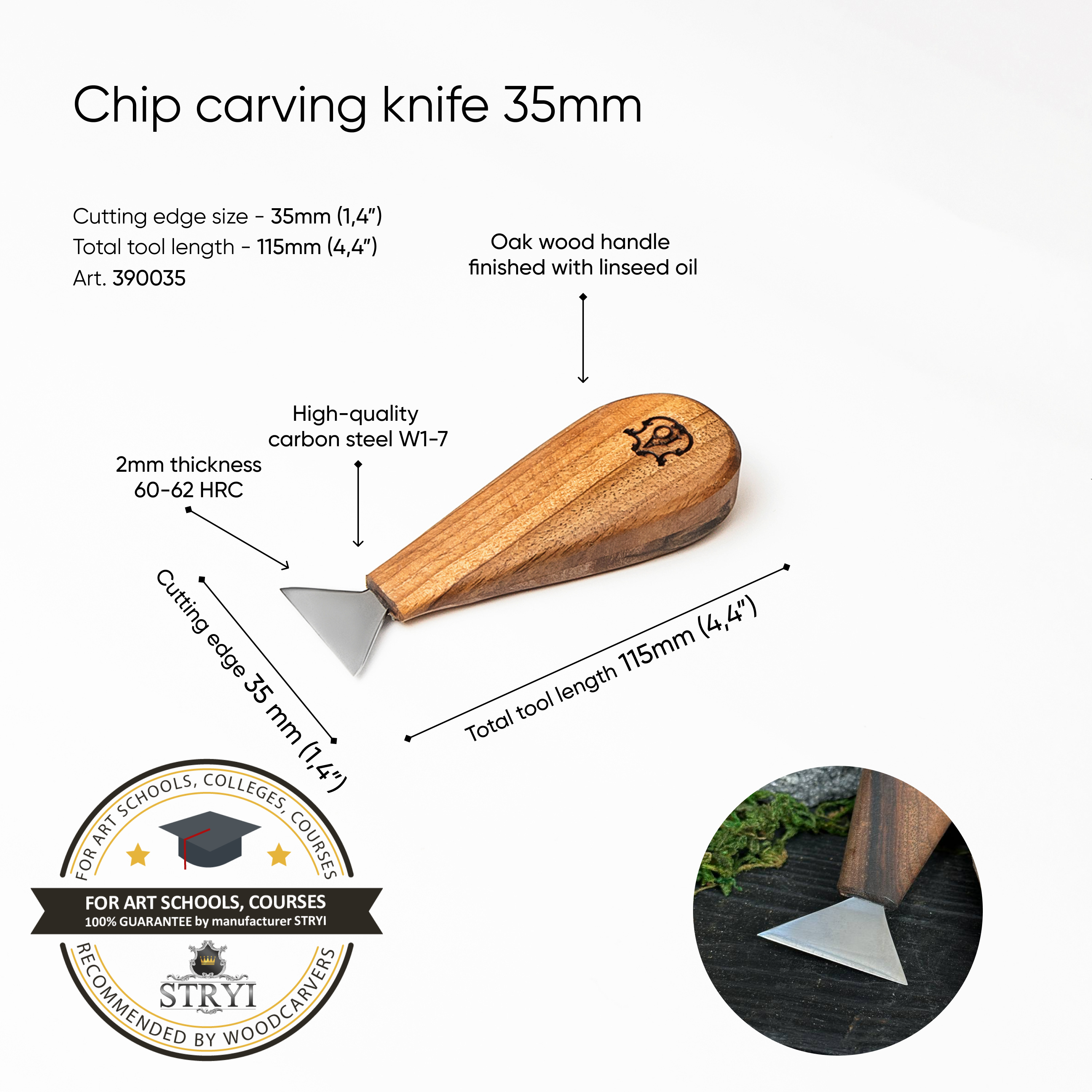 Chip carving knife 35mm, Swallowtail knife, Short tools STRYI-AY Profi