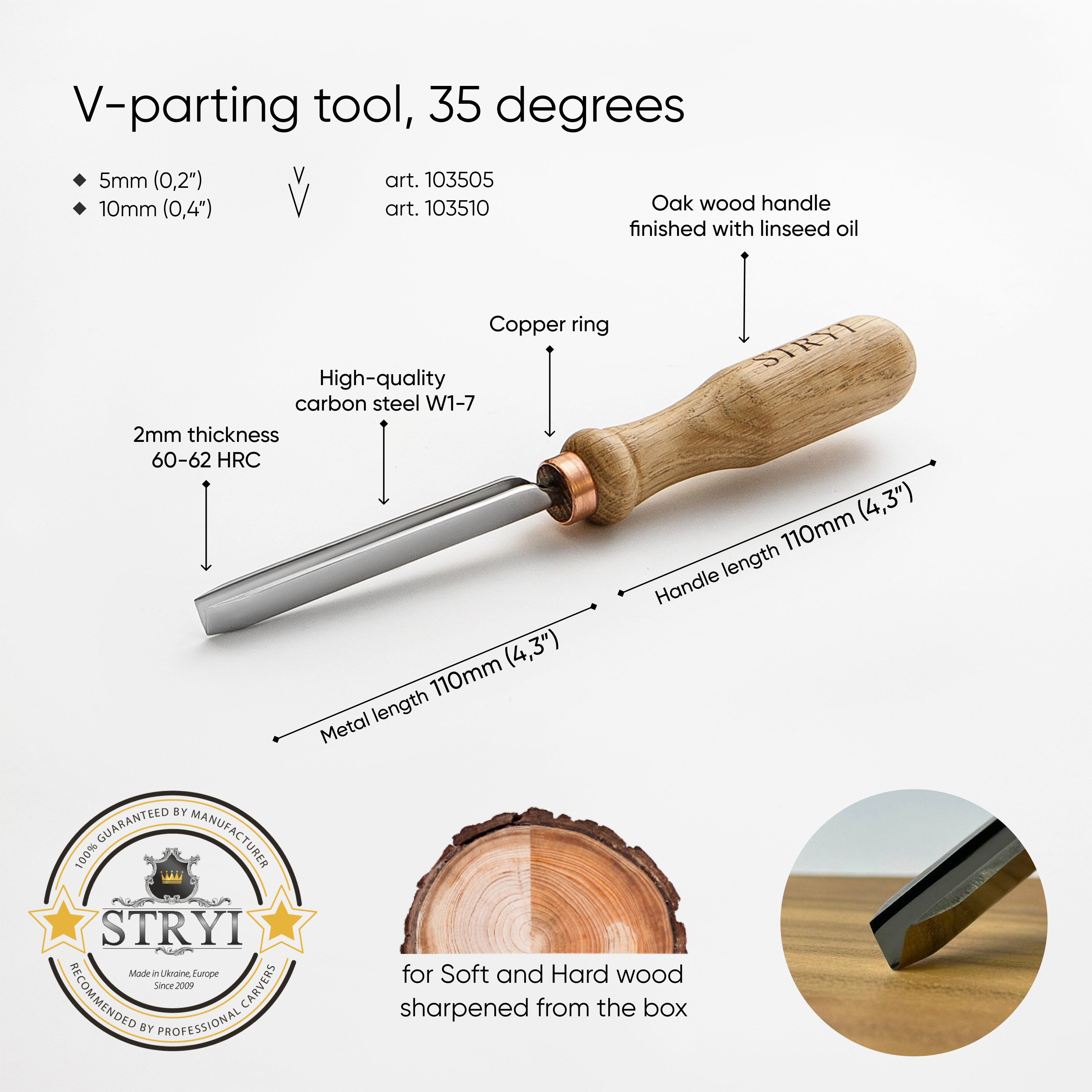 V-parting chisel 35 degree STRYI Profi, Wood carving tools,  Narrow Chisels