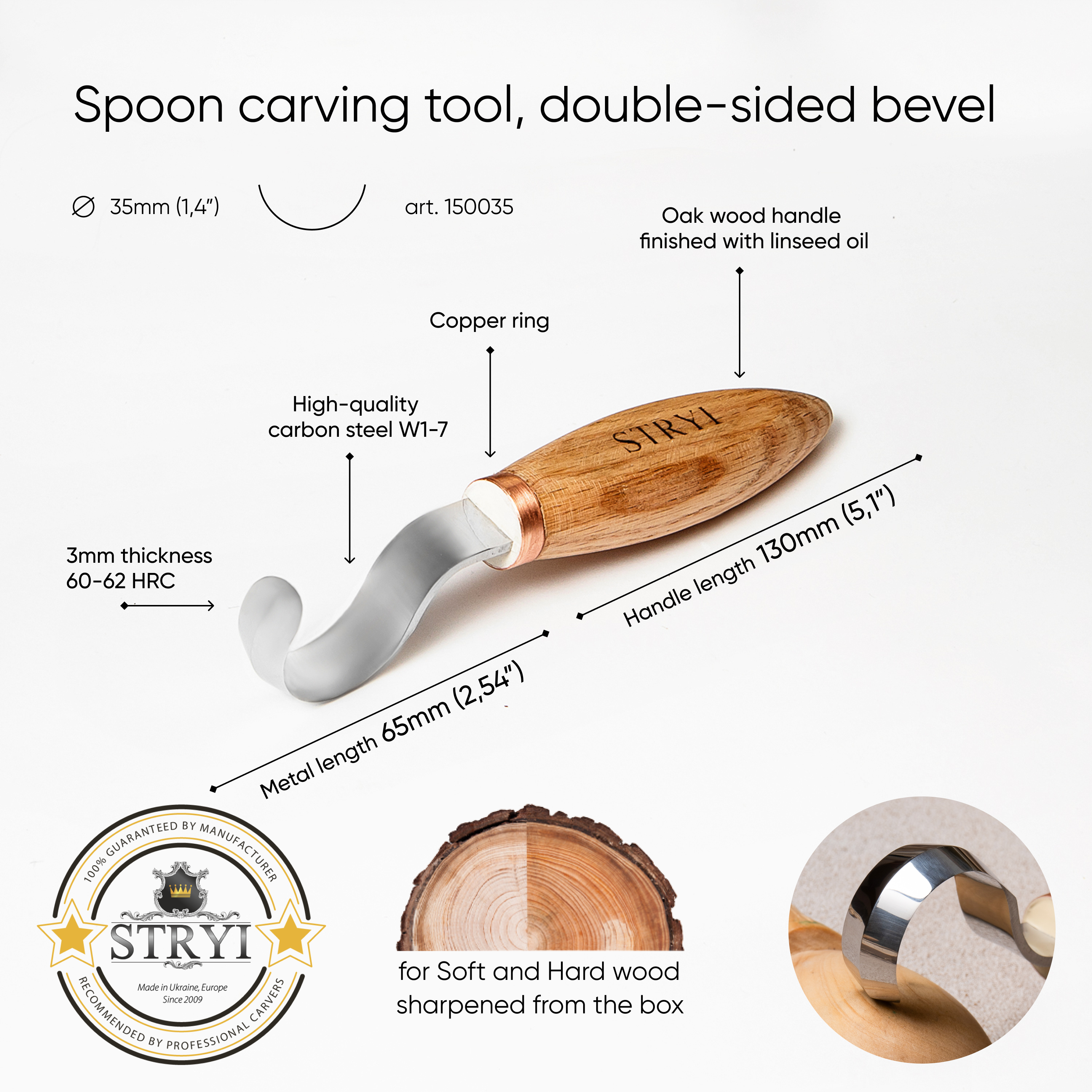 Spoon carving tool, Hook knife 35mm double-sided cutting edge STRYI Profi, Spoon knife