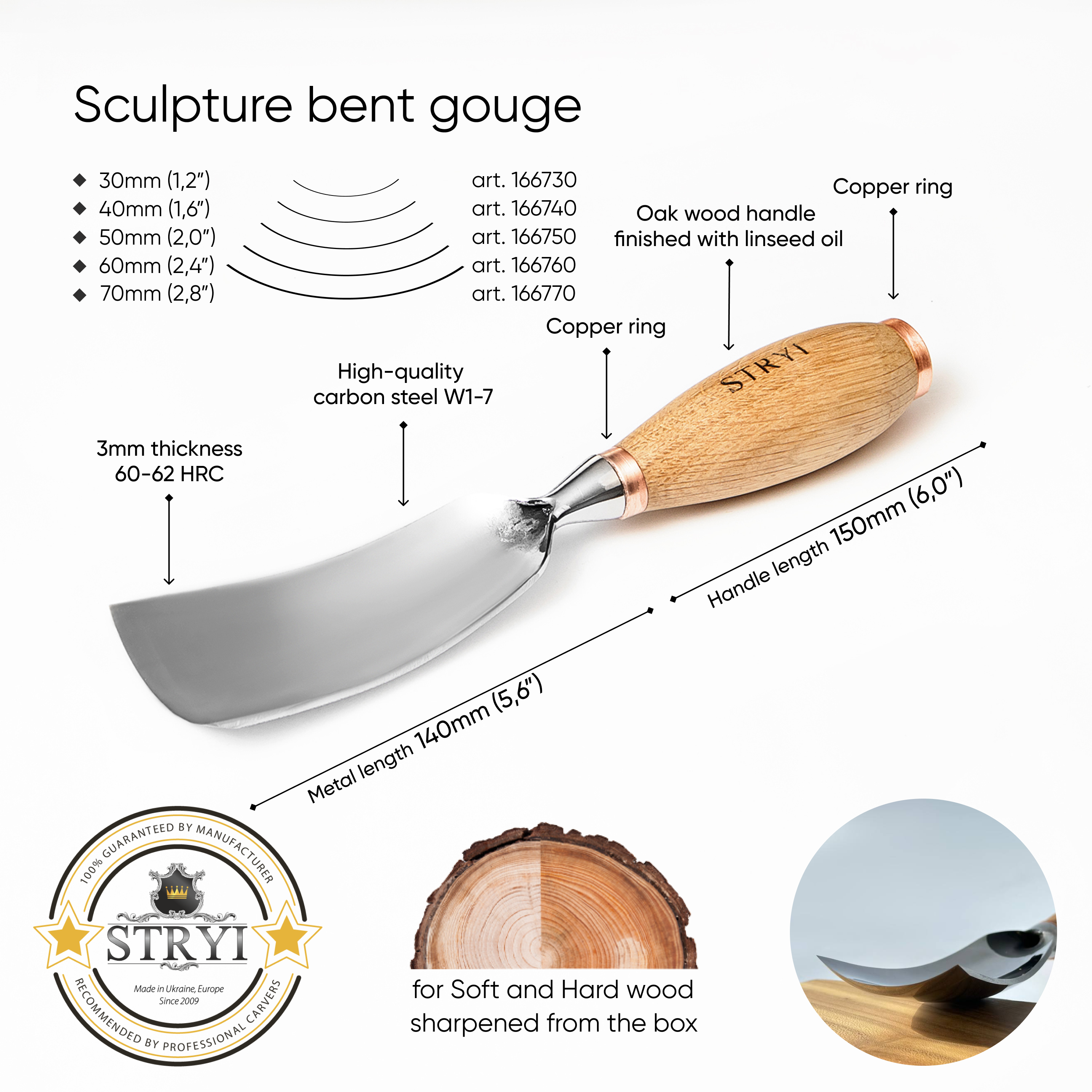 Large sculpture Bent tool, 7 profile, Heavy-duty gouges STRYI Profi, Wooden sculpting, Bowl carving