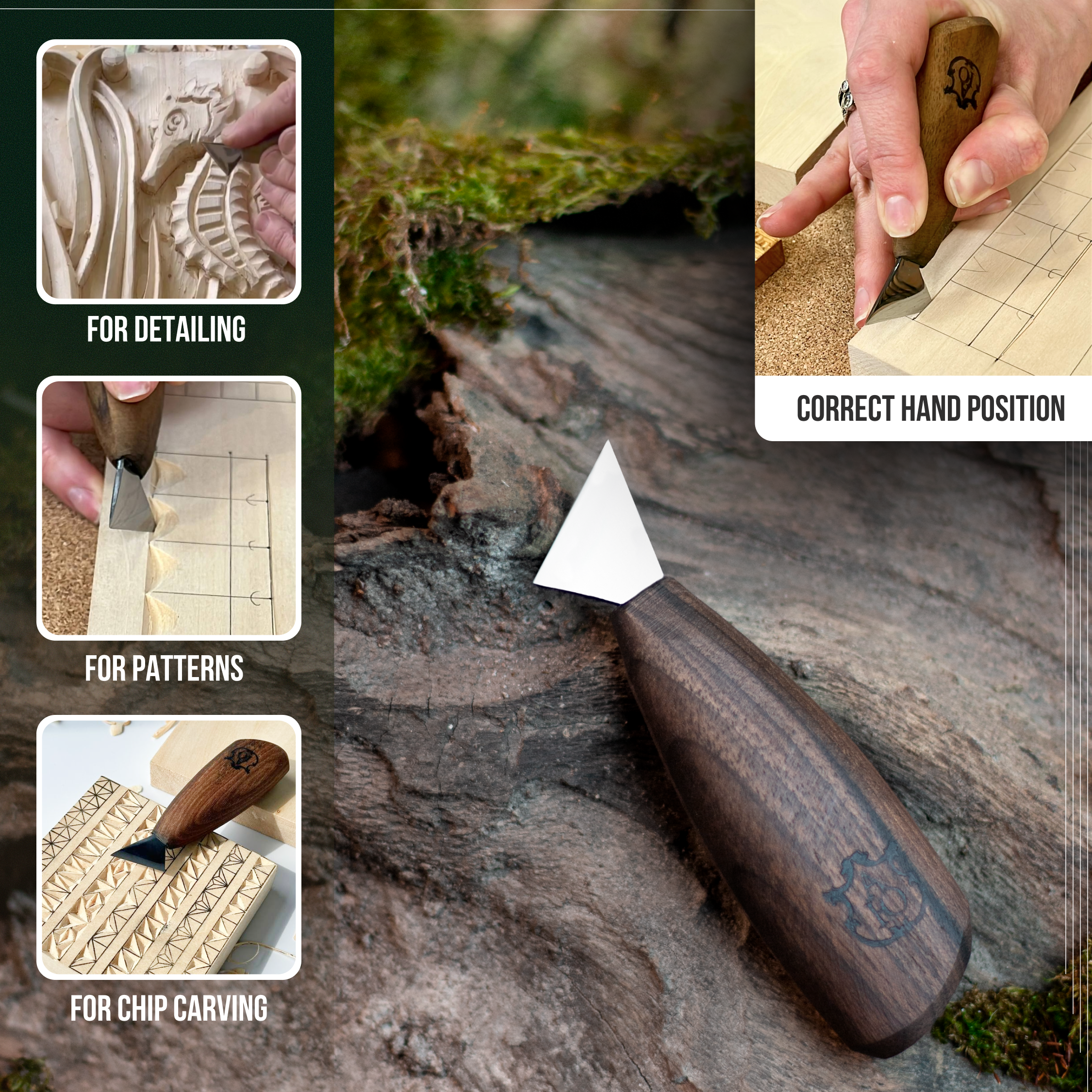 Juego de cuchillos de cola de golondrina para tallar madera en estuche enrollable, cuchillos triangulares