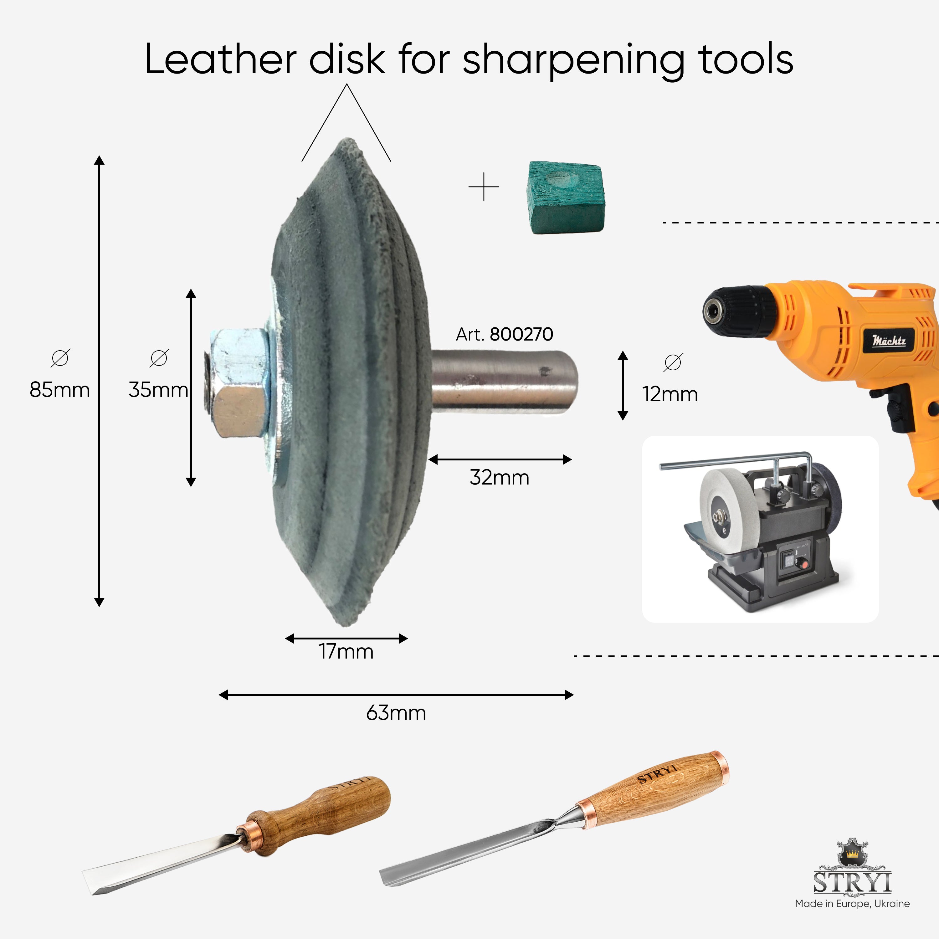 Leather disk for sharpening with polishing paste, Leather wheel for sharpening, Sharpening tools