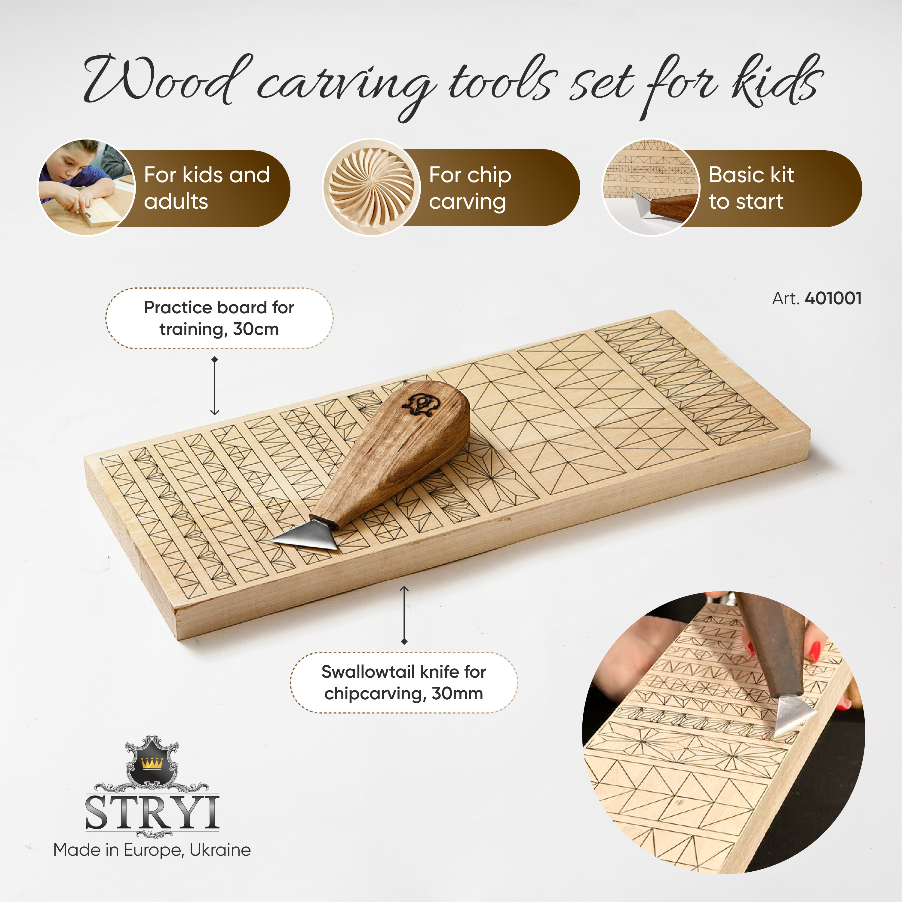 Wood carving set STRYI Start with basswood practice board for beginner, Video tutorial