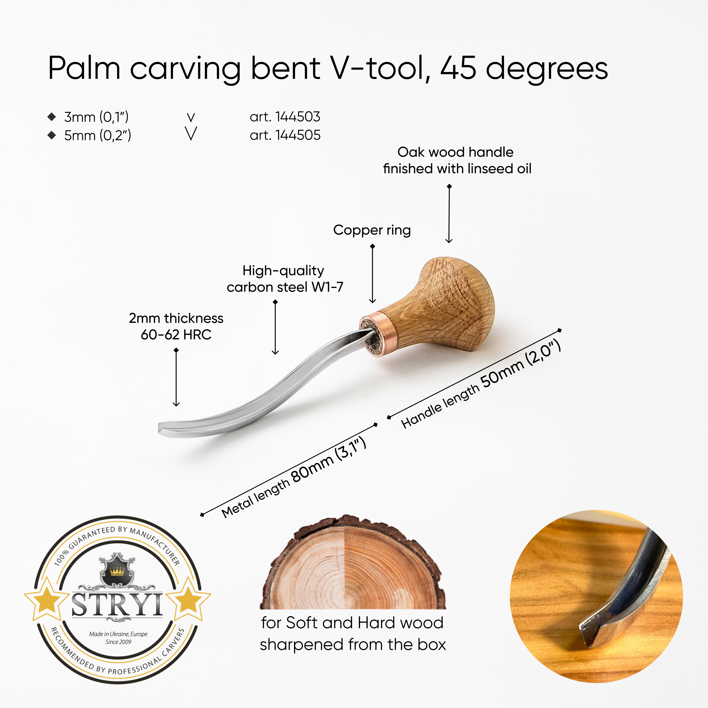 Herramienta en V doblada para tallar palma 45 grados STRYI Profi, herramienta de corte lono, buriles STRYI