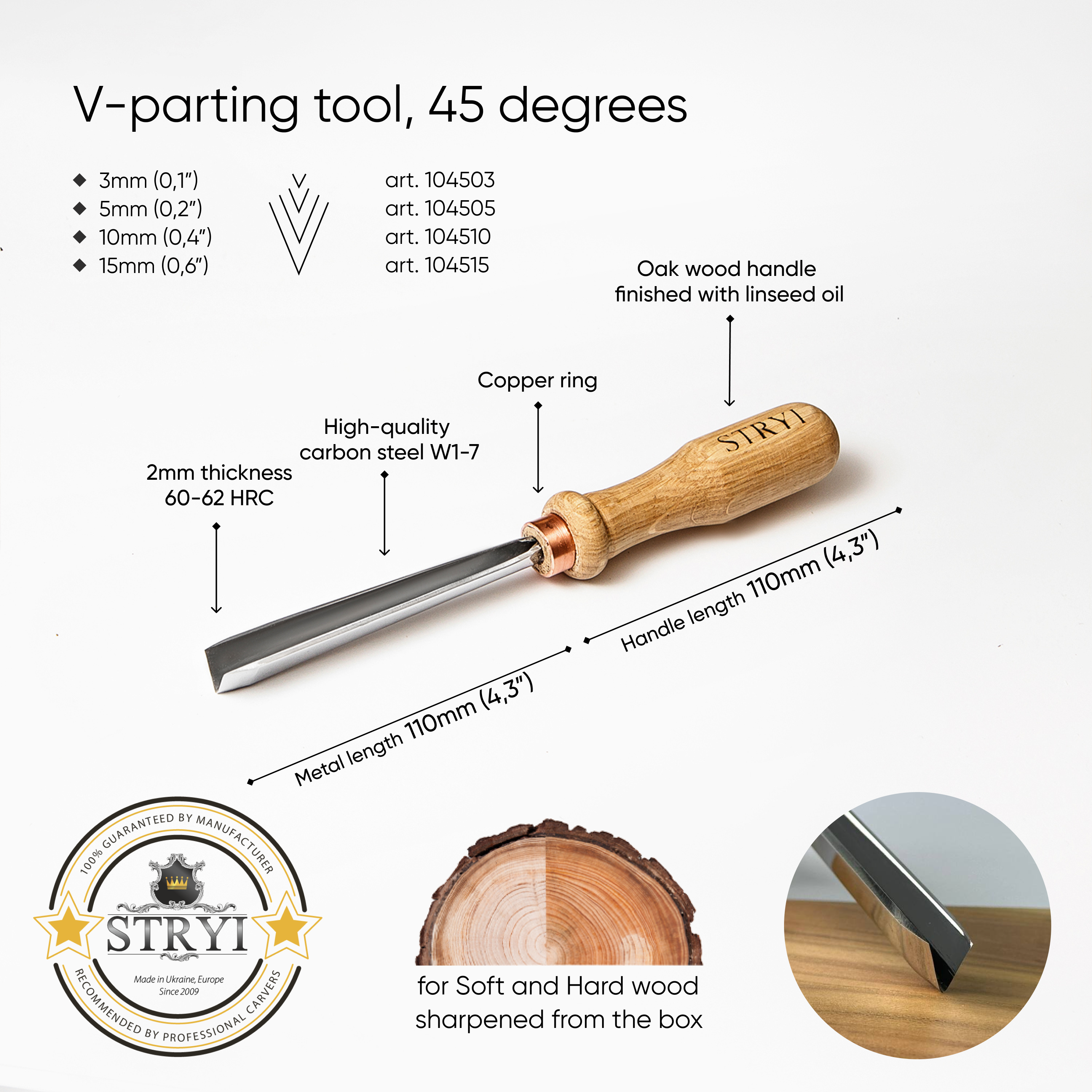 V-parting chisel 45 degrees, Woodcarving V-tool STRYI Profi, Carving tools, V-tools