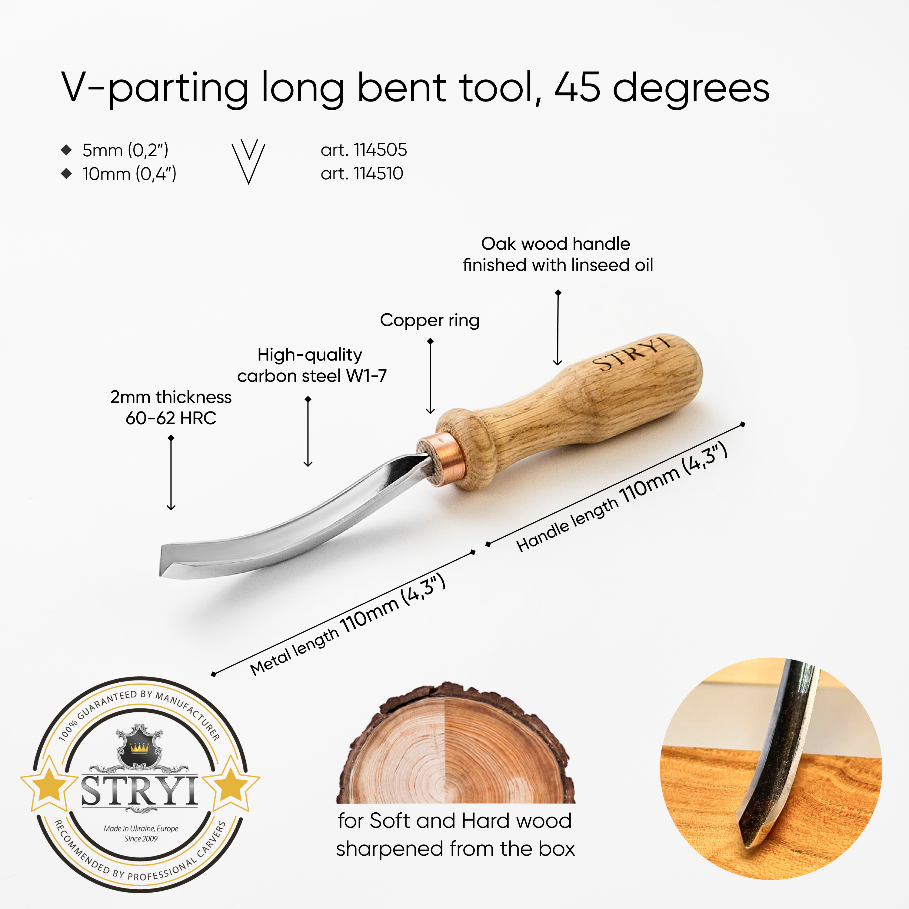 Gubia larga curvada para separación en V STRYI 15G, 45 grados, cincel curvo