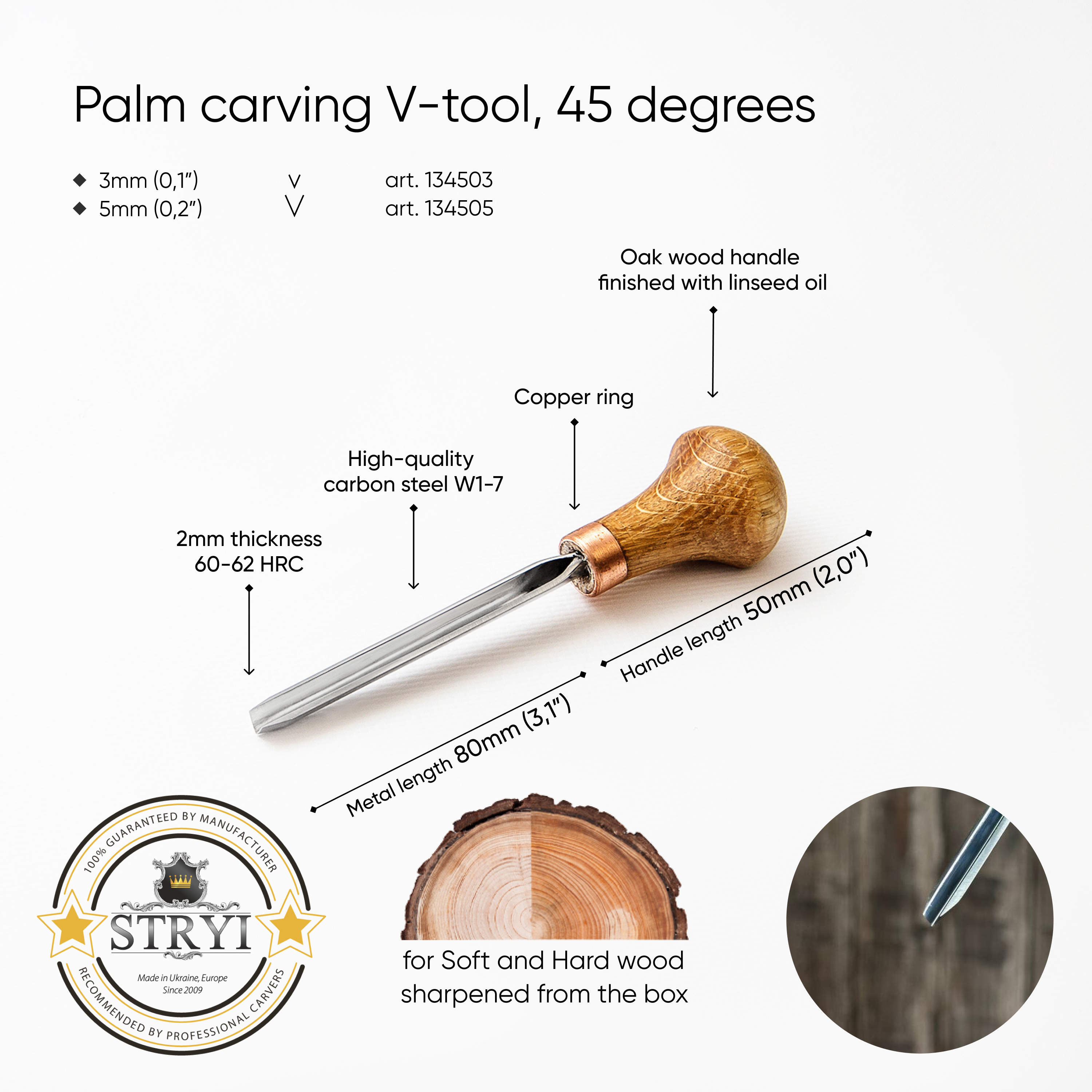 Palm carving V-tool STRYI Profi 45 degree, Engraving tool, Linocutting tool, Burin, V-chisel