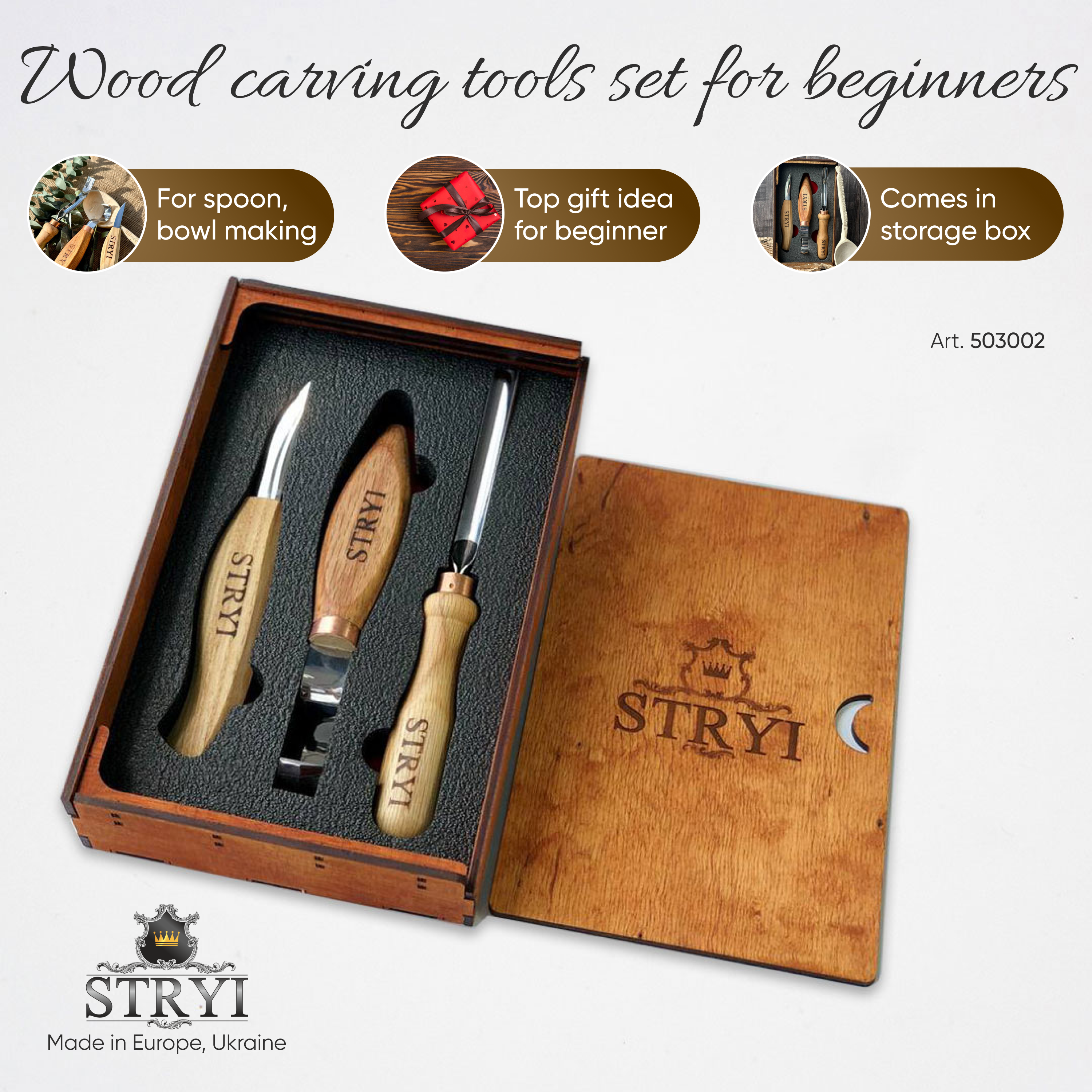 Spoon carving kit, Wood carving set 3 pcs STRYI Profi, Carving tools, Hook knife, Spoon making