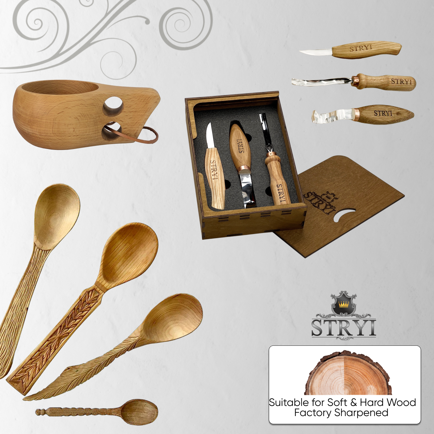 Spoon carving kit, Wood carving kit 3 pcs STRYI Profi, Carving tools, Hook knife, Spoon making
