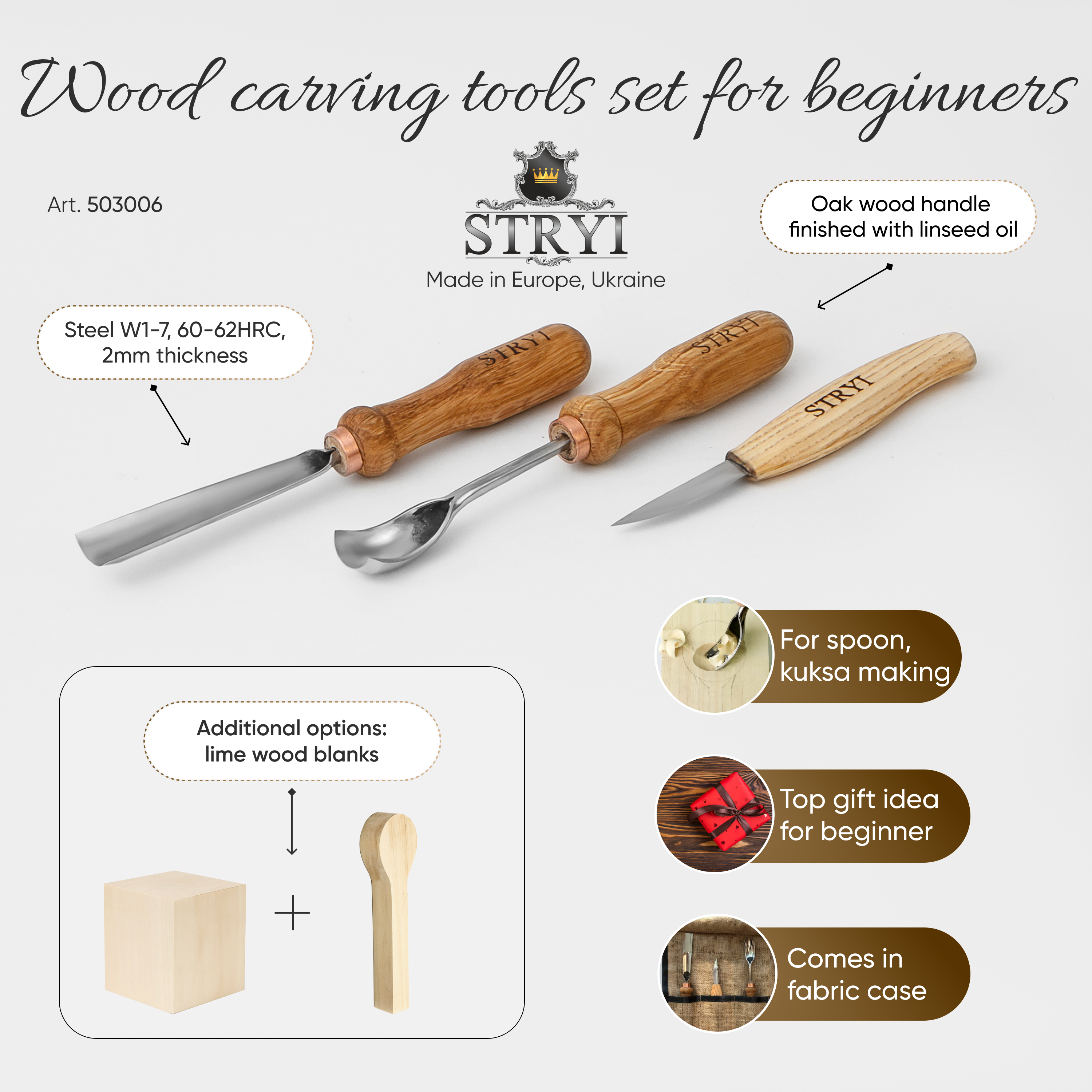 Kuksa, Spoon and cup Carving tools set 3pcs, STRYI Profi, Bowl gouge, Kuksa carving, Spoon making